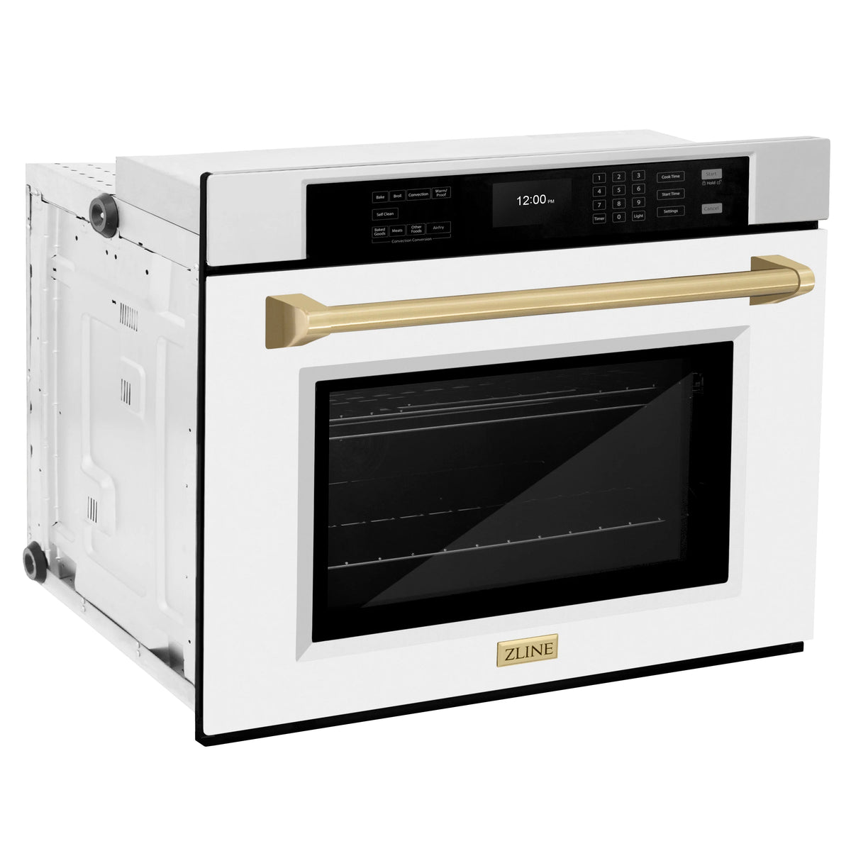 Stainless steel single wall oven with white matte door and gold handle, closed view