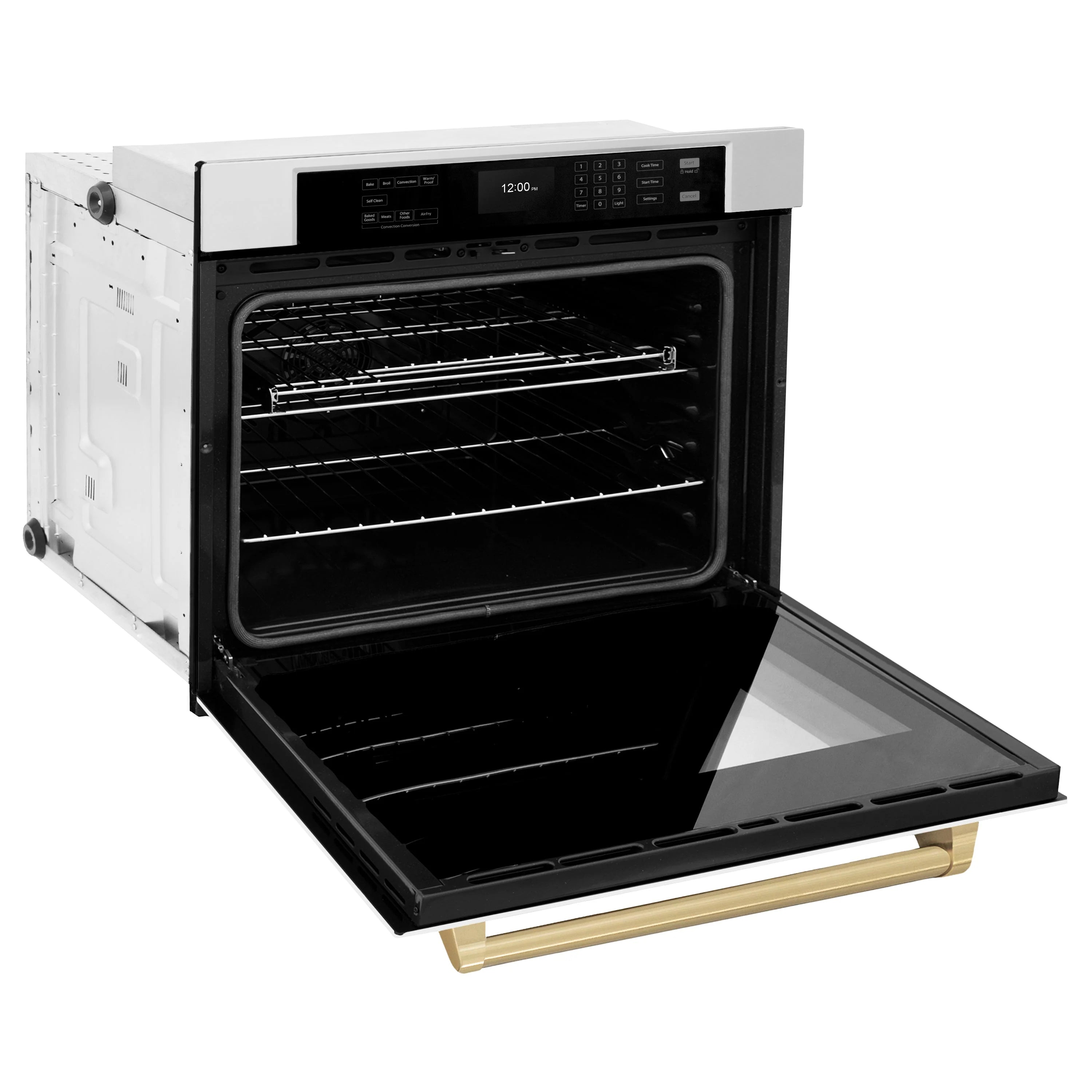 Stainless steel wall oven with door open, dark interior racks and champagne bronze handle