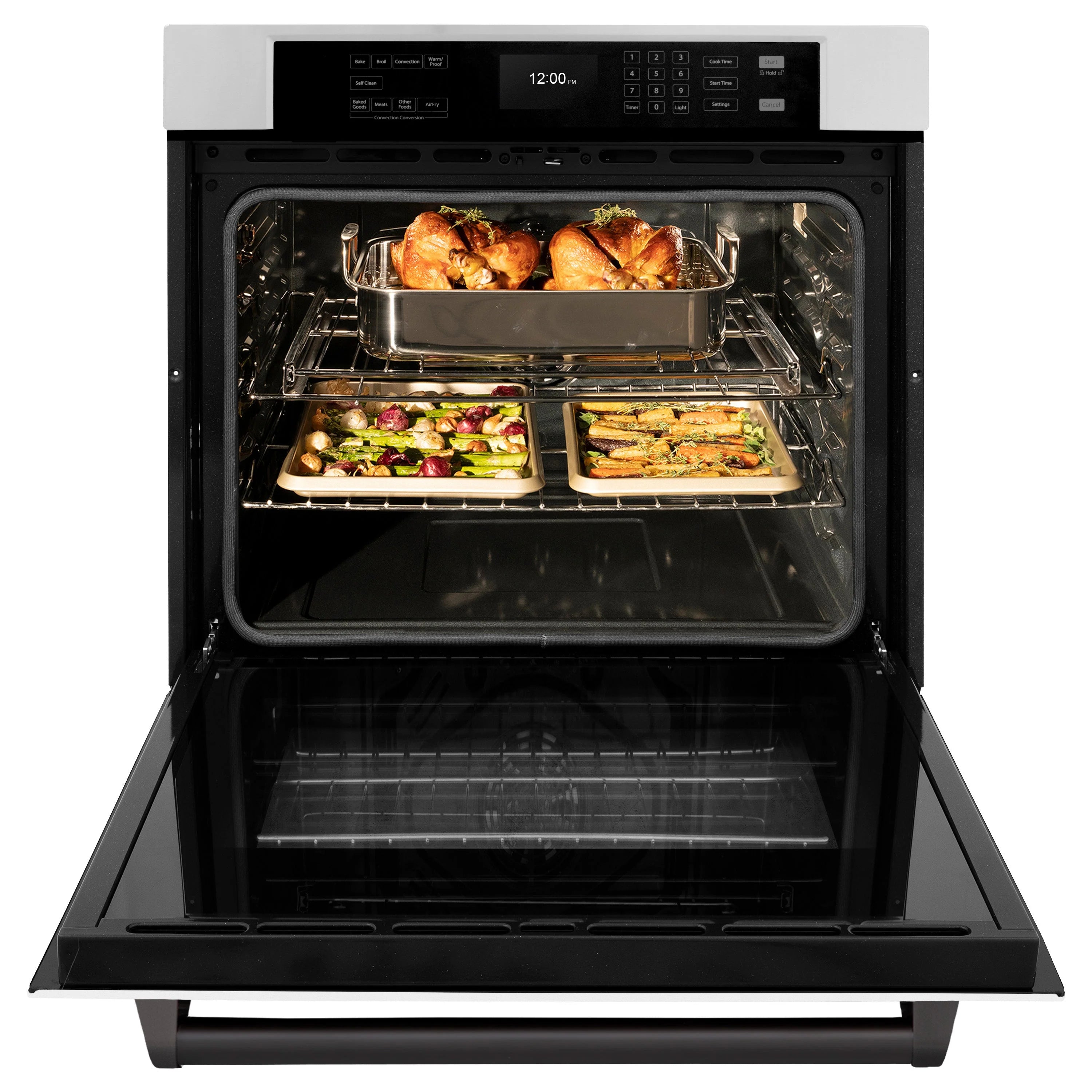 Open oven with roasting tray and air-fry style pans holding chicken and vegetables