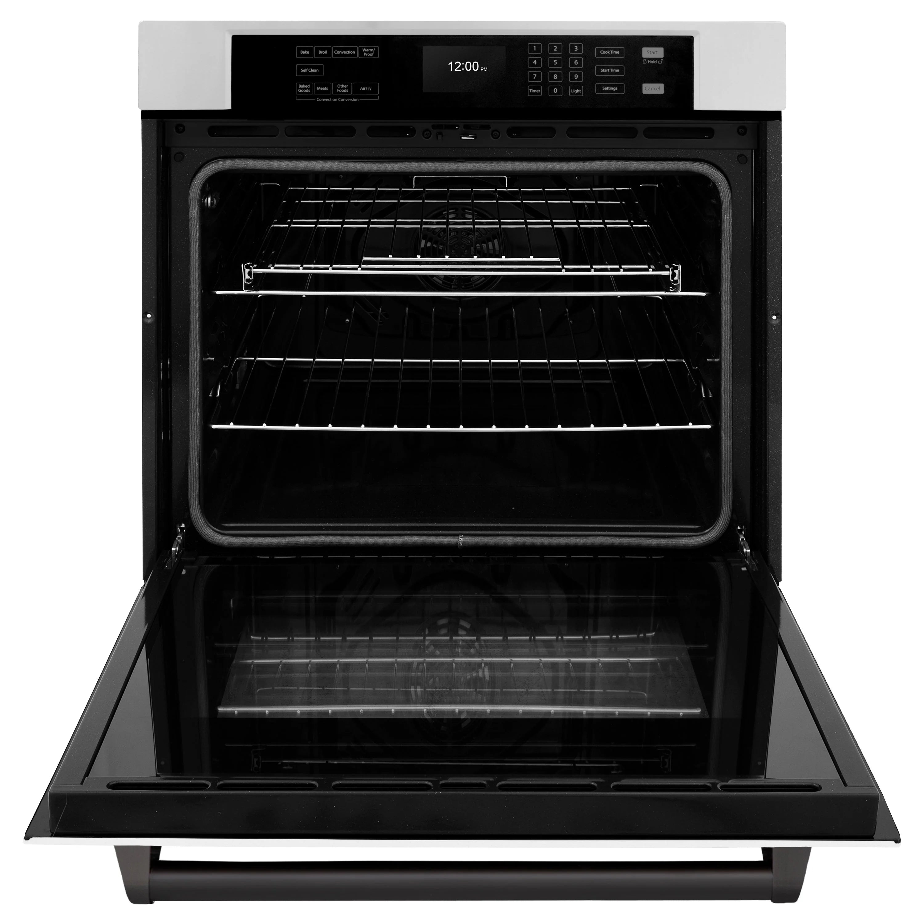 Open black oven cavity with wire racks and glass door of a single wall convection oven