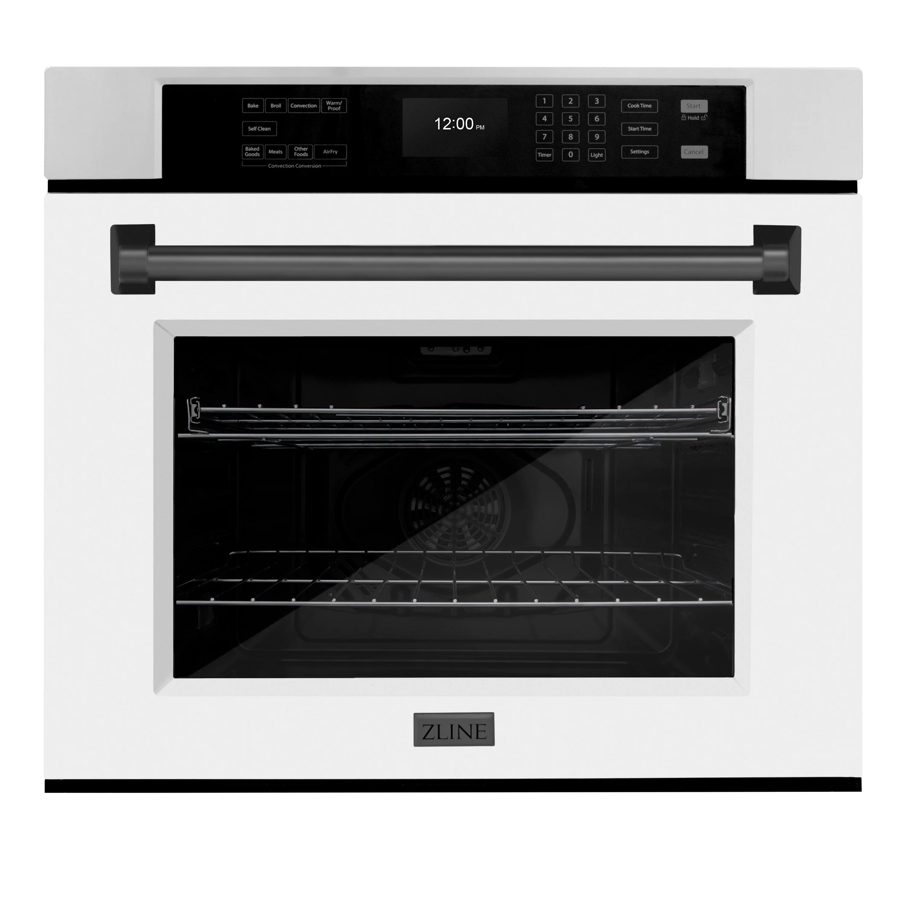 Single wall convection oven with door open, showing oven racks and interior fan