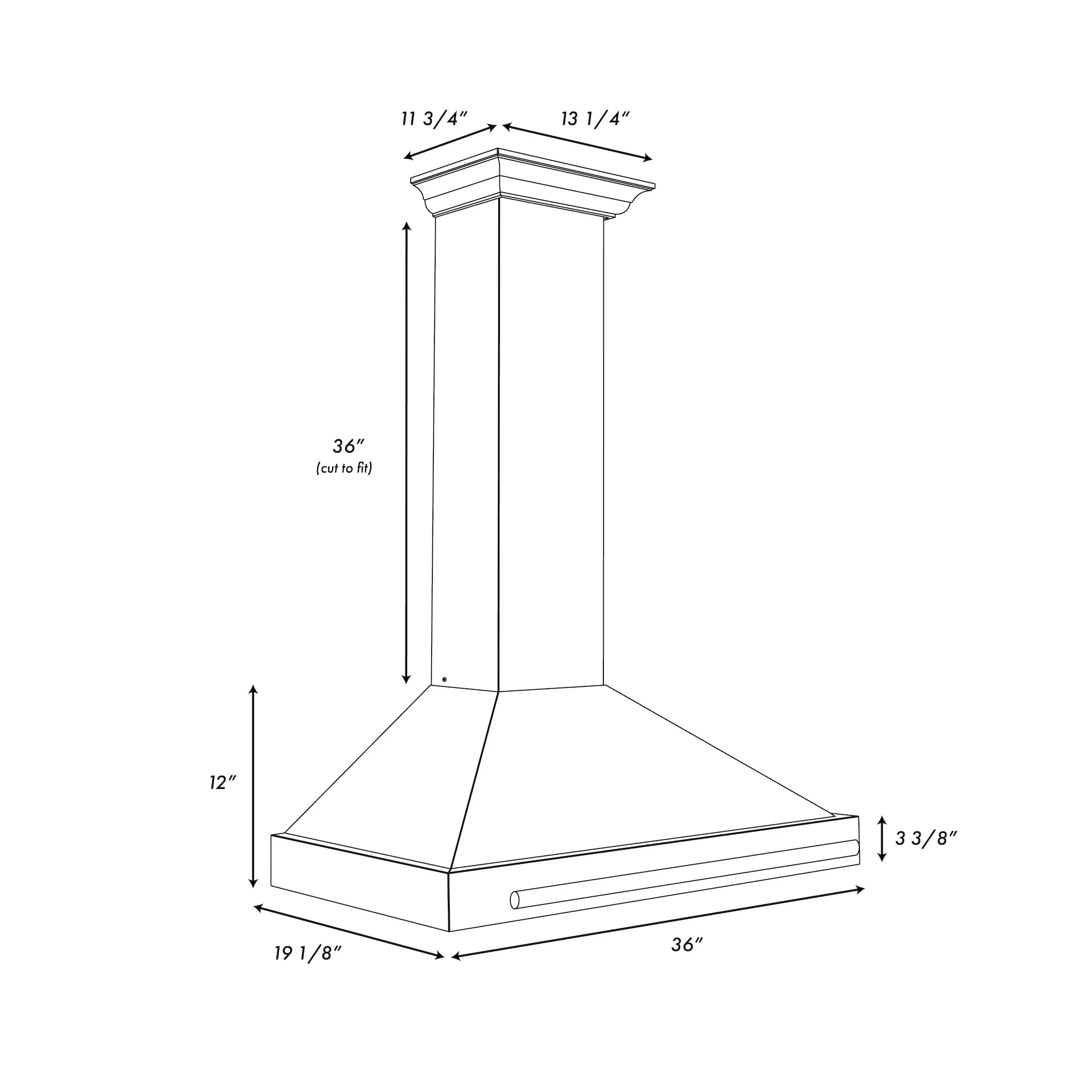 Range hood size diagram showing 36 in width and 12 in chimney height
