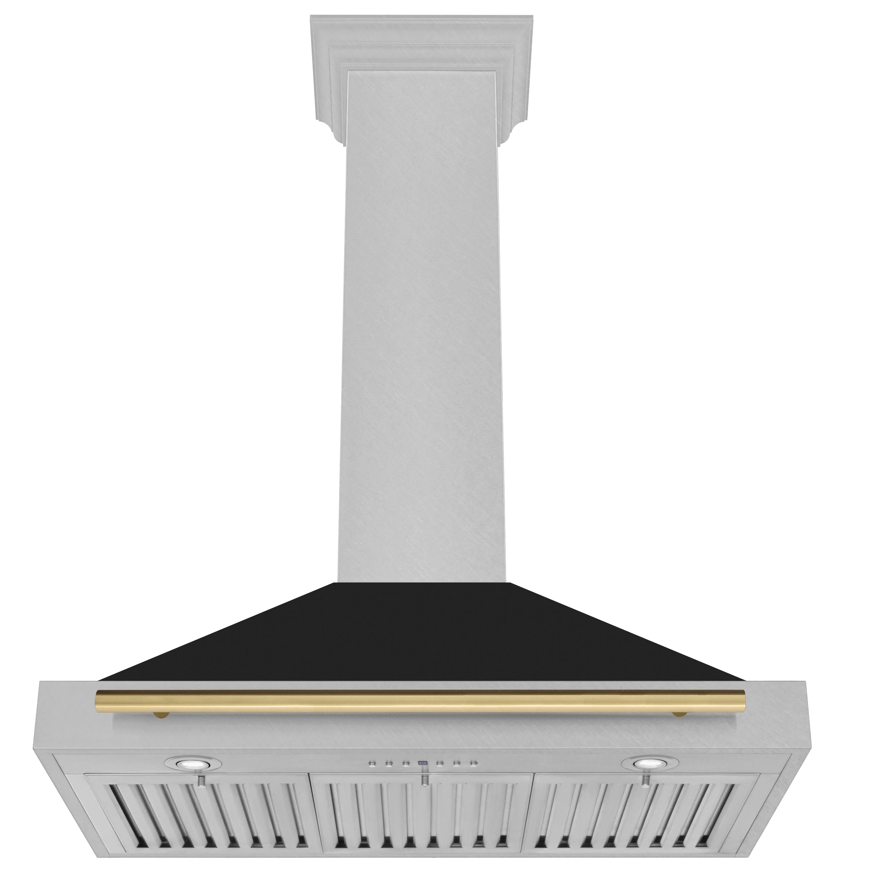 36-inch stainless steel range hood with black matte chimney and champagne bronze trim