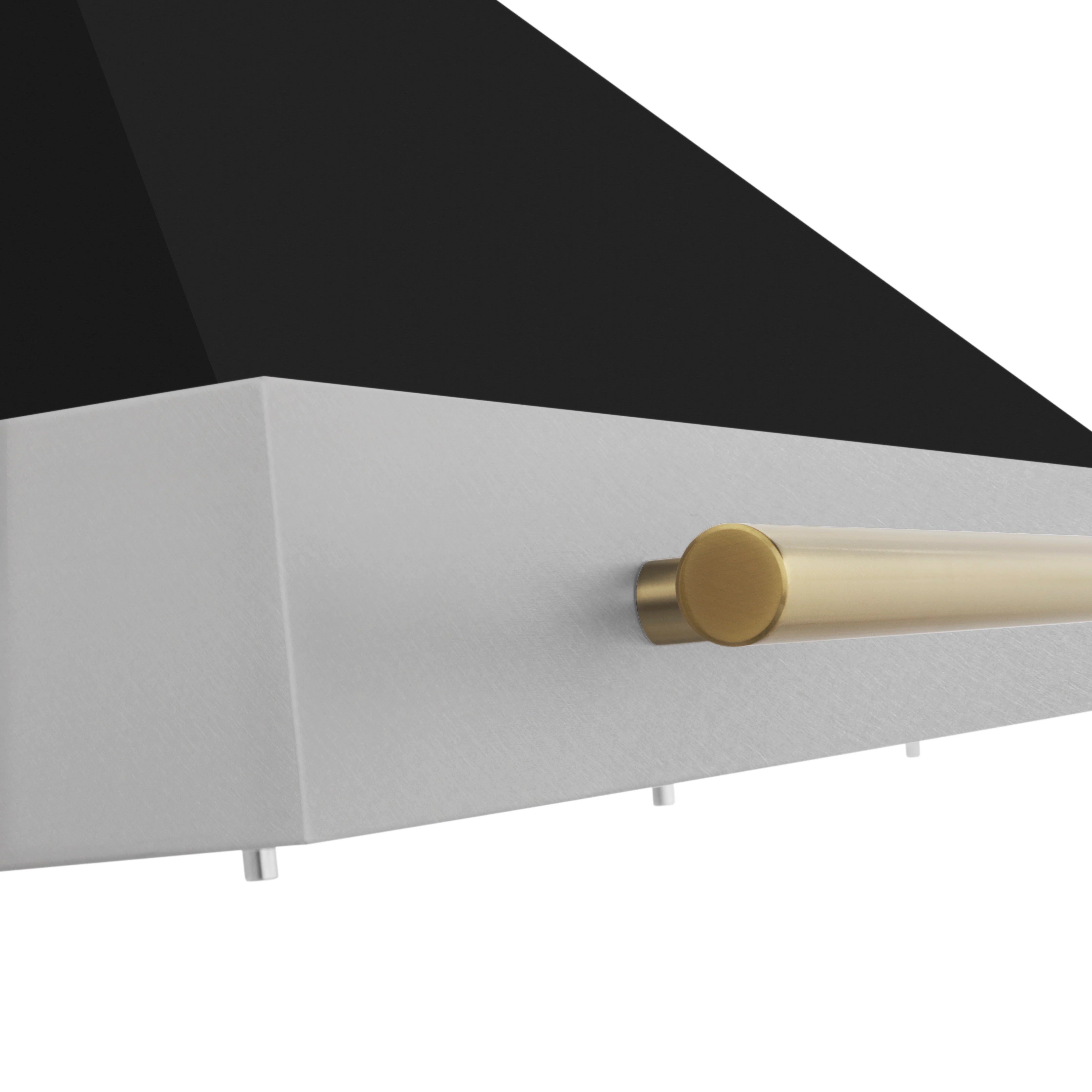 Range hood side panel with polished gold handle bar and black baffle top