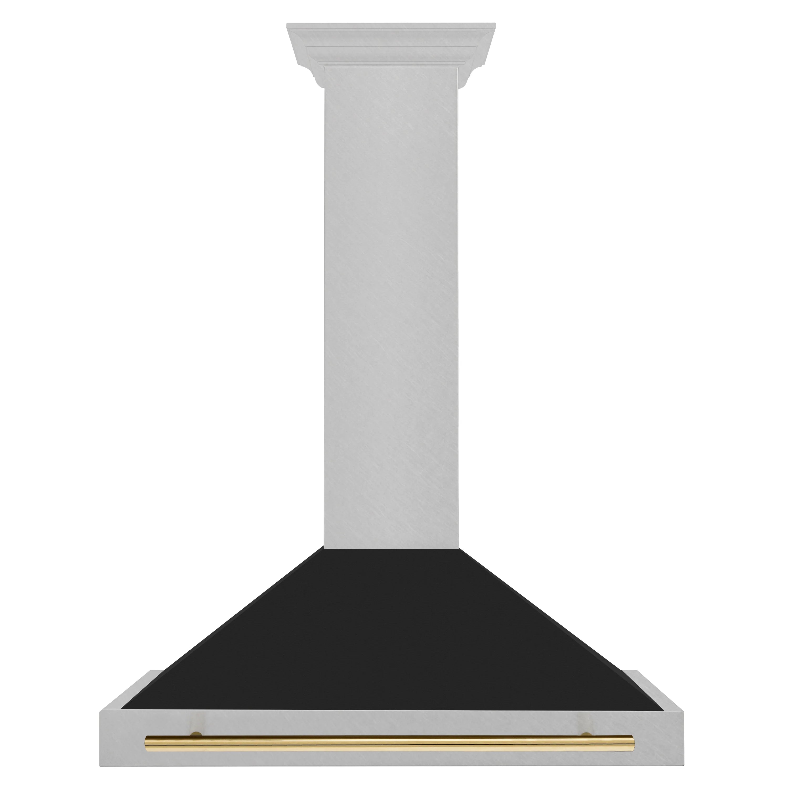 Stainless range hood with black baffle and polished gold front handle bar