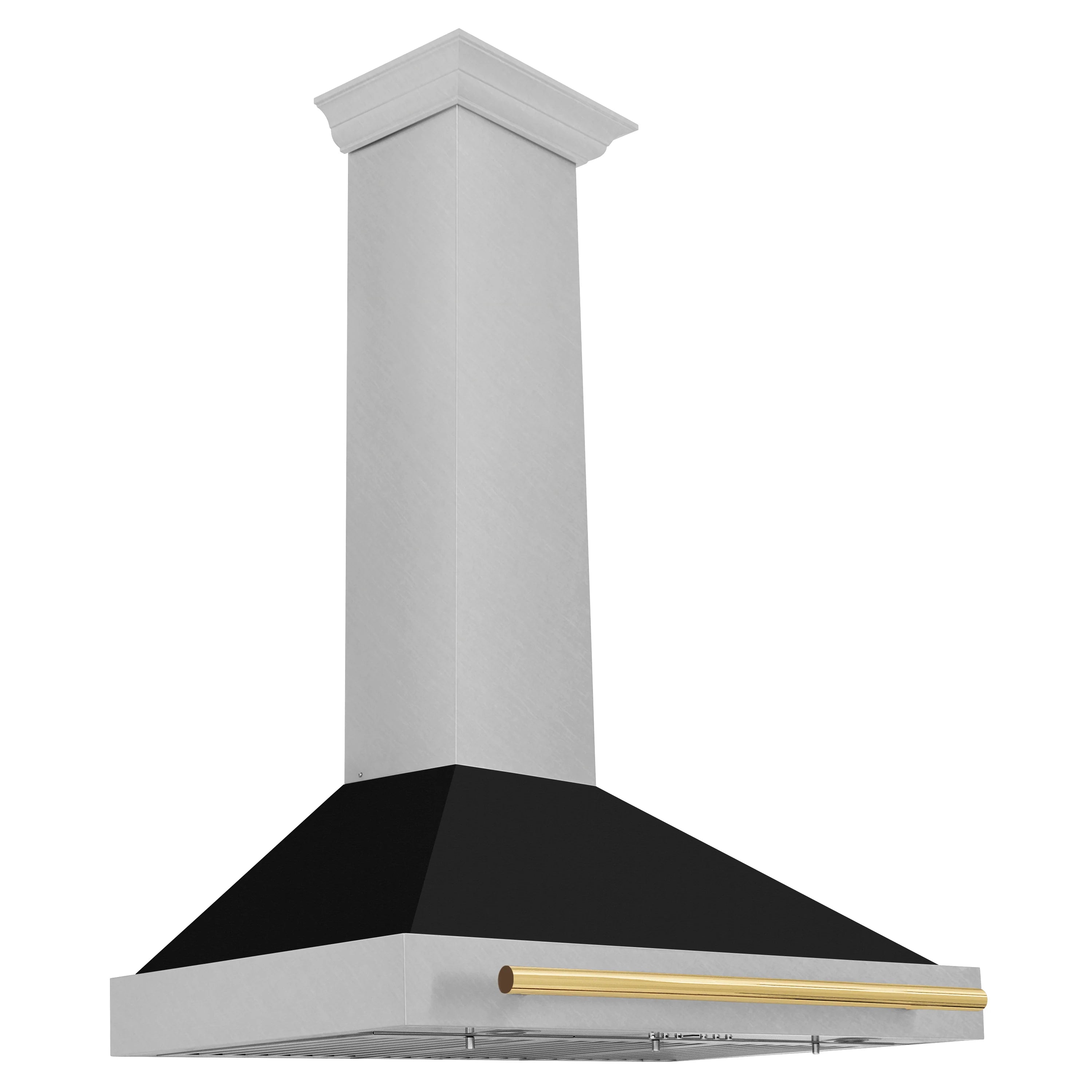 Stainless wall-mounted range hood with black baffle and polished gold handle bar