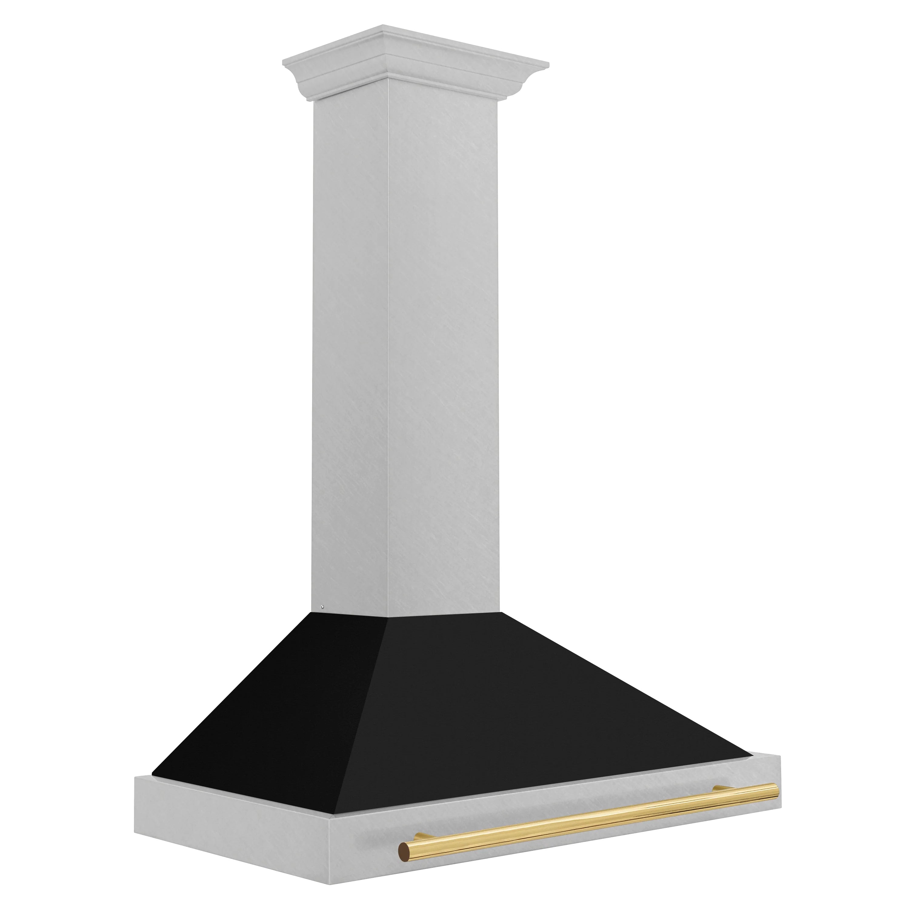 Stainless range hood with black baffle top and polished gold front handle bar