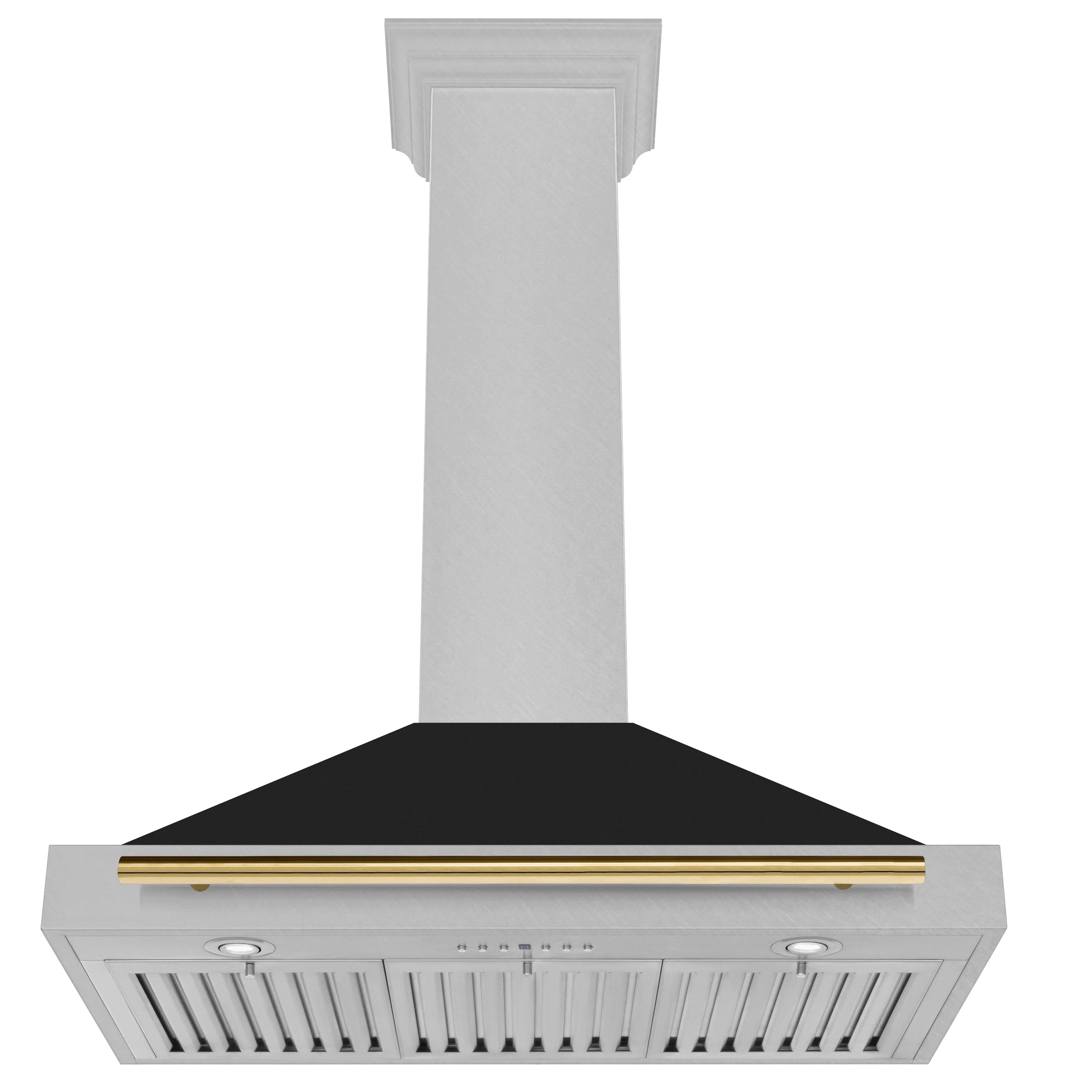 36-inch range hood with stainless finish, black baffle, and polished gold trim and handle