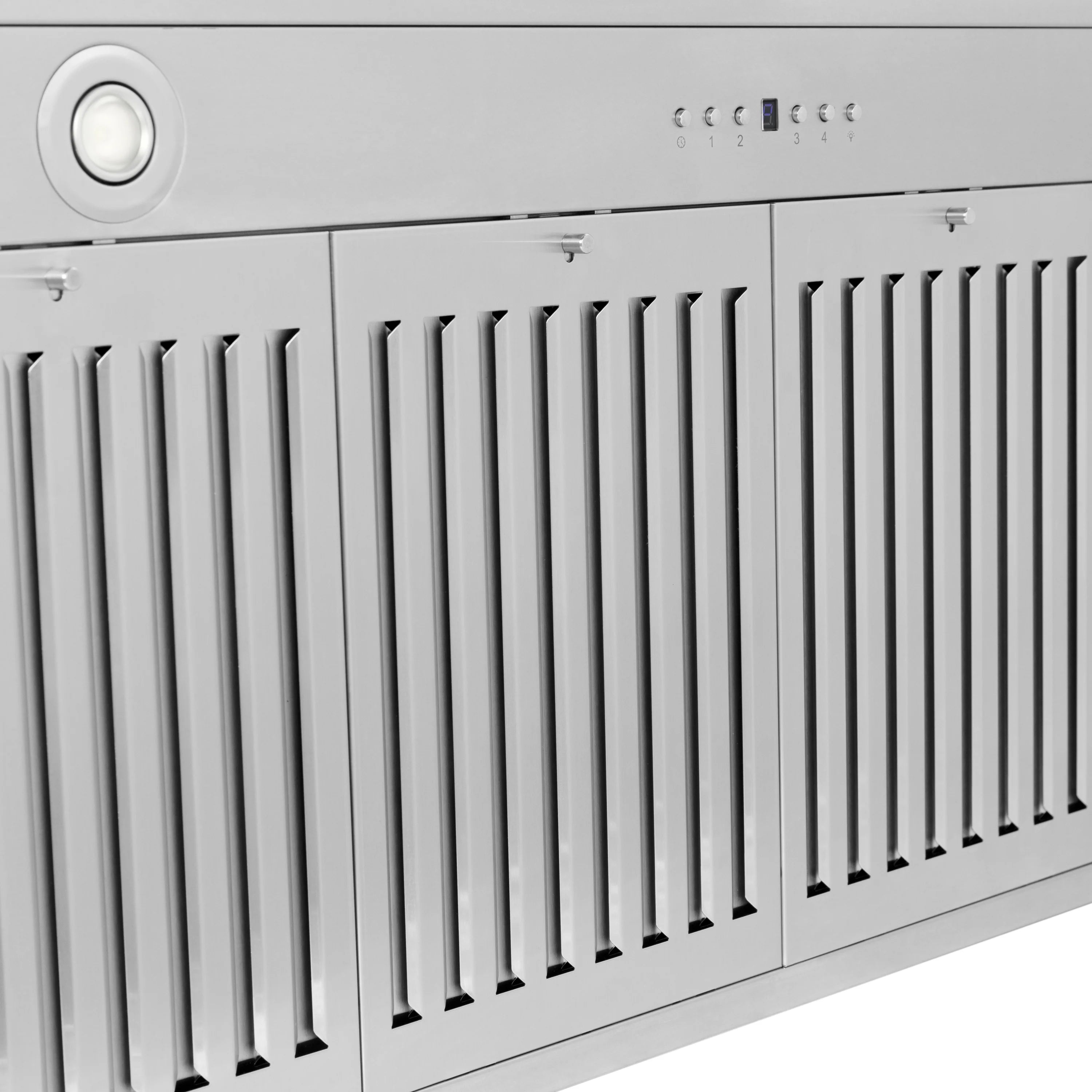 Stainless vent grille with vertical slats and control area on a range hood
