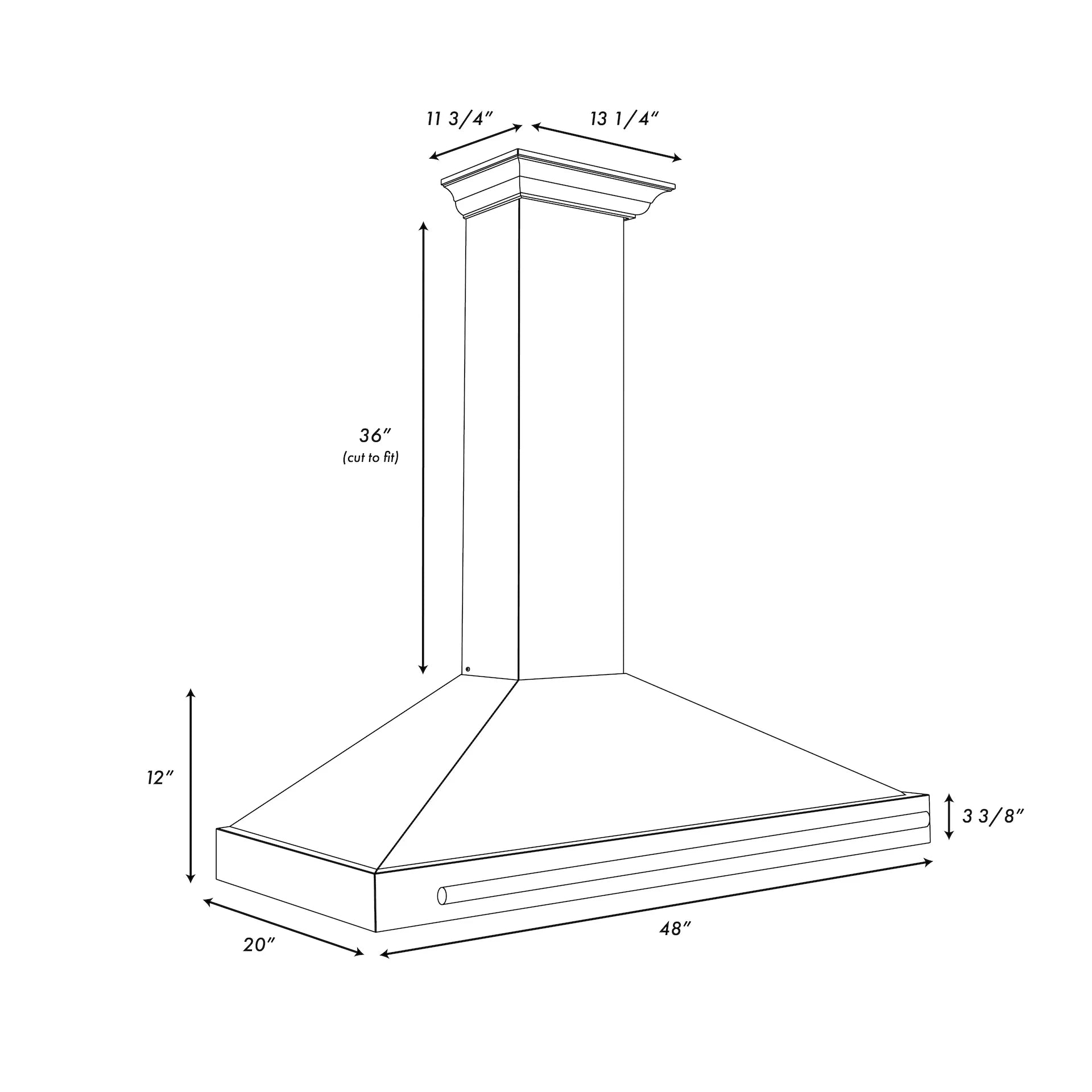 Ducted chimney range hood diagram showing overall dimensions for a 48-inch model