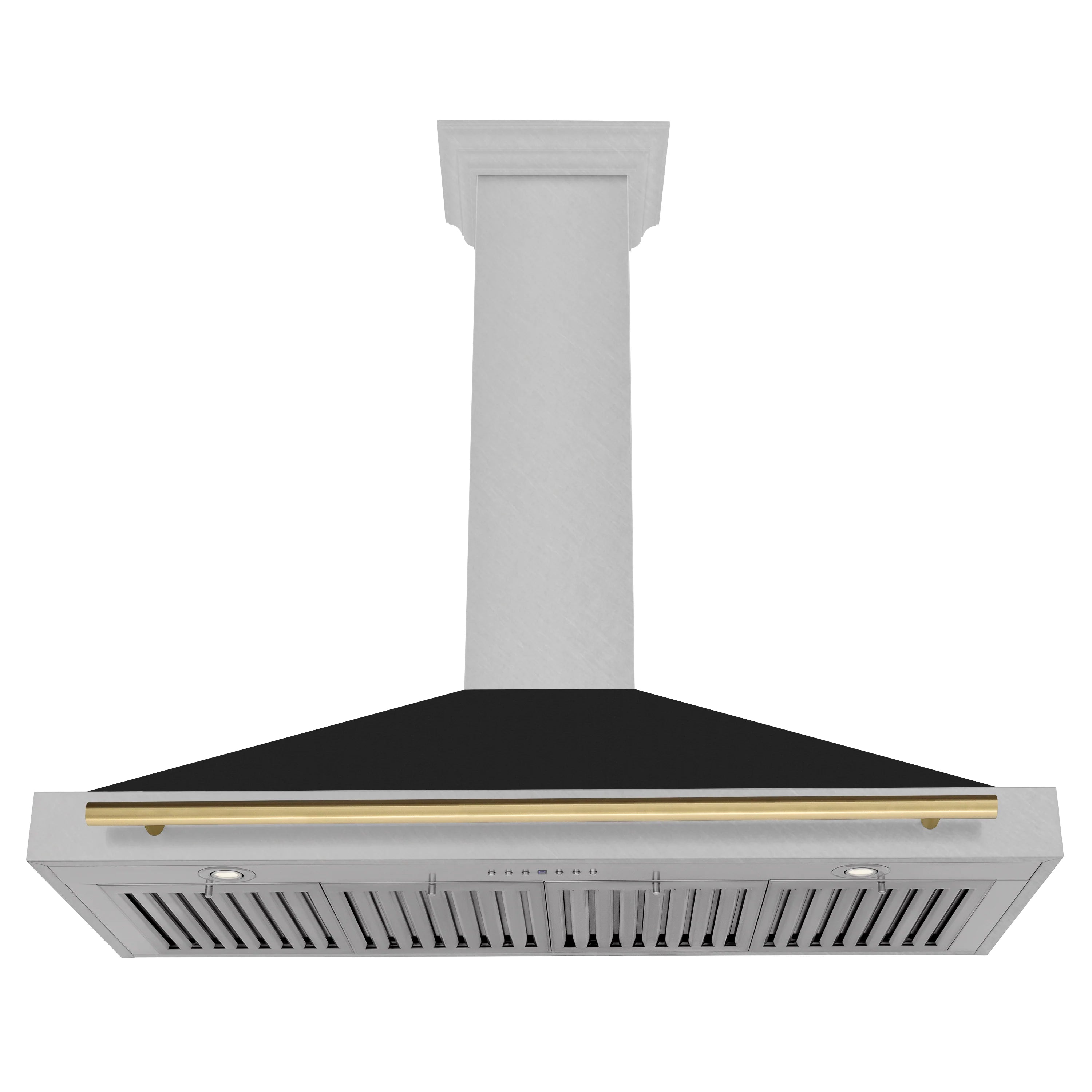 Stainless steel range hood with black canopy, gold trim bar, and vent grille