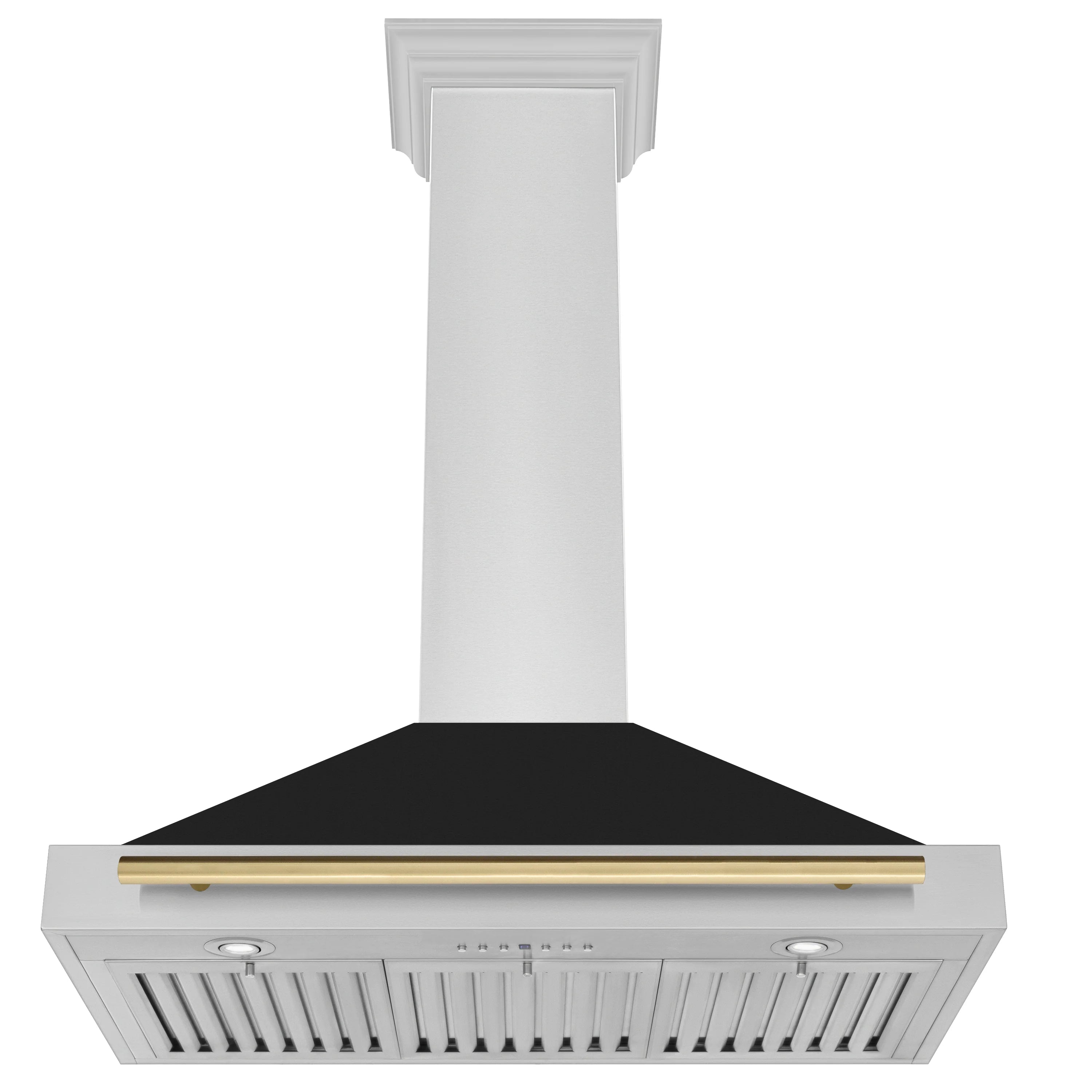 Wall mount range hood with white chimney, black baffle, bronze strip, and vent slots
