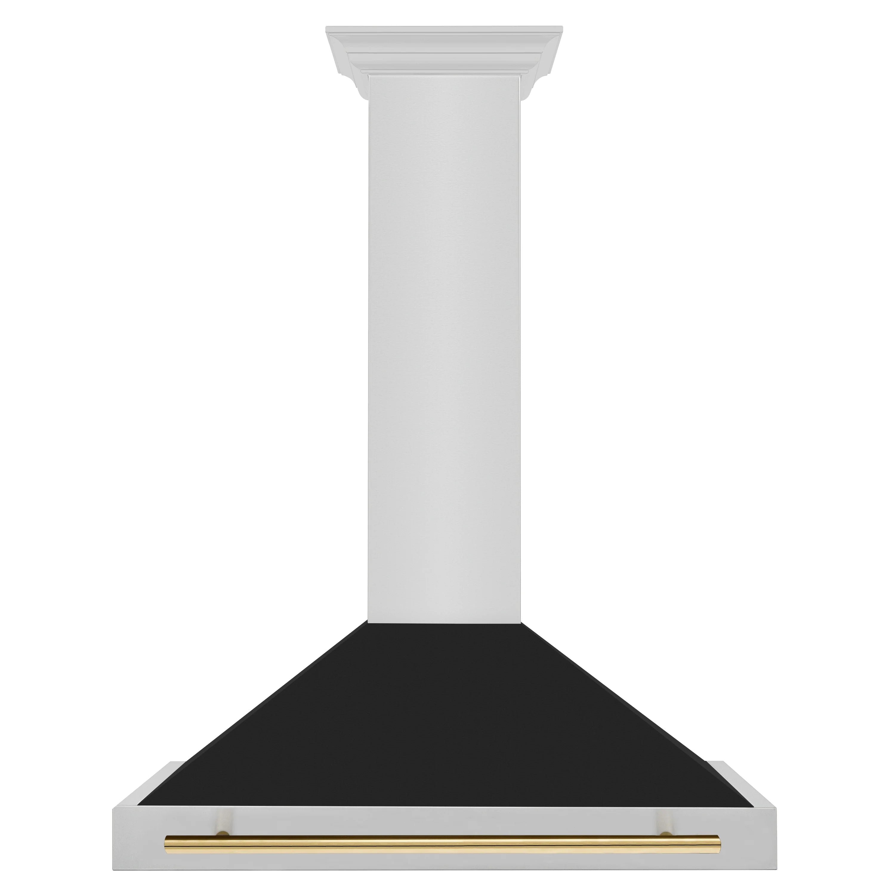 Wall-mount range hood with tall white chimney, black matte canopy, and champagne bronze bar