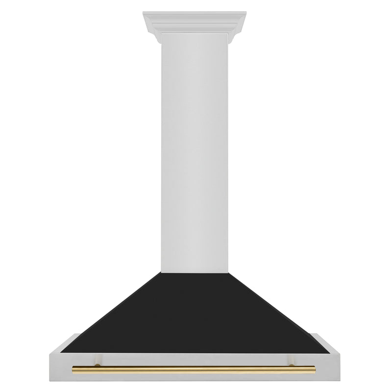 ZLINE Autograph Edition 48-Inch Wall Mount Range Hood in Stainless Steel with Black Matte Shell and Champagne Bronze Handle (KB4STZ-BLM48-CB)