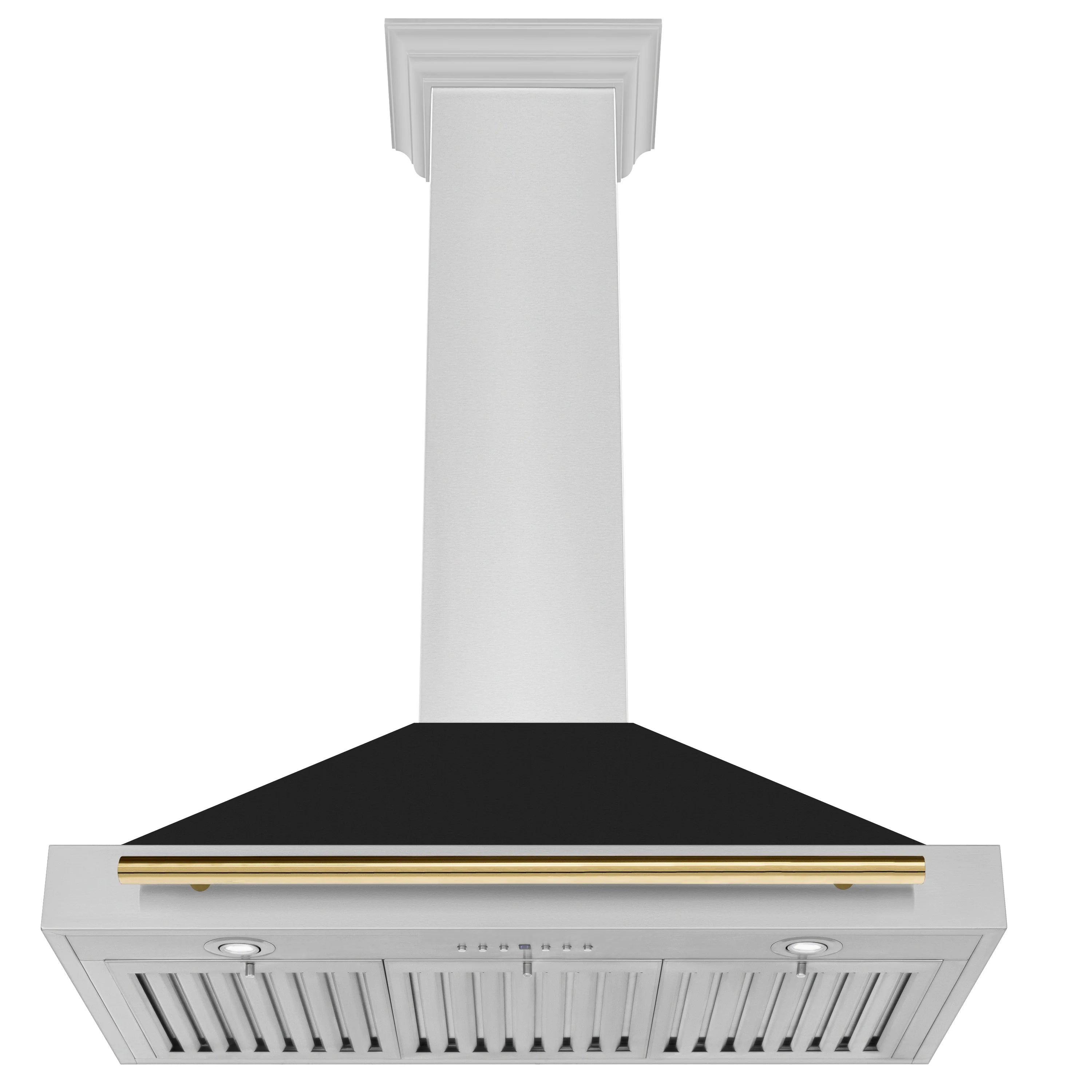 Wall-mount range hood underside with vent filters, recessed lights, and bronze trim bar