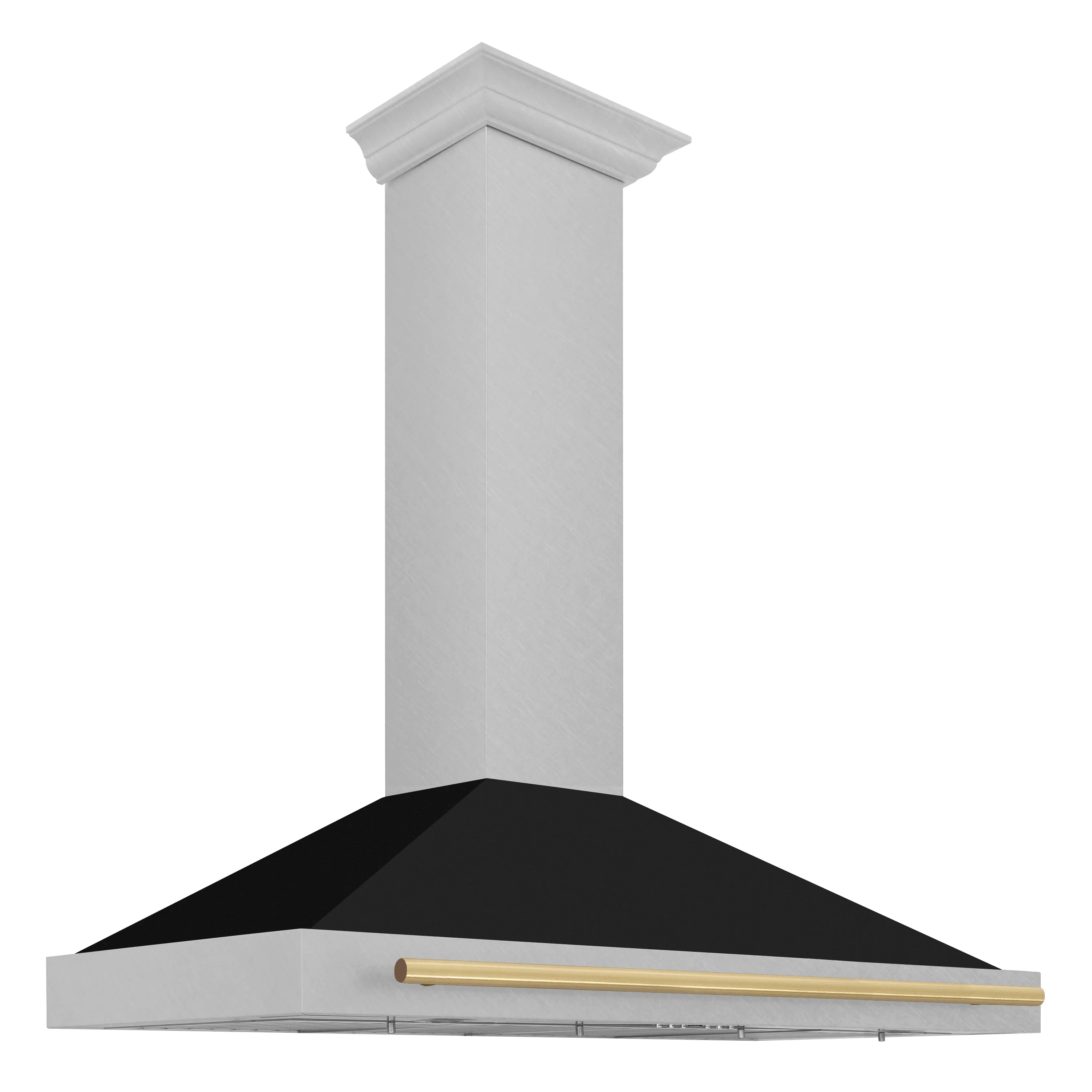 Stainless chimney range hood with black baffle and champagne bronze front trim bar