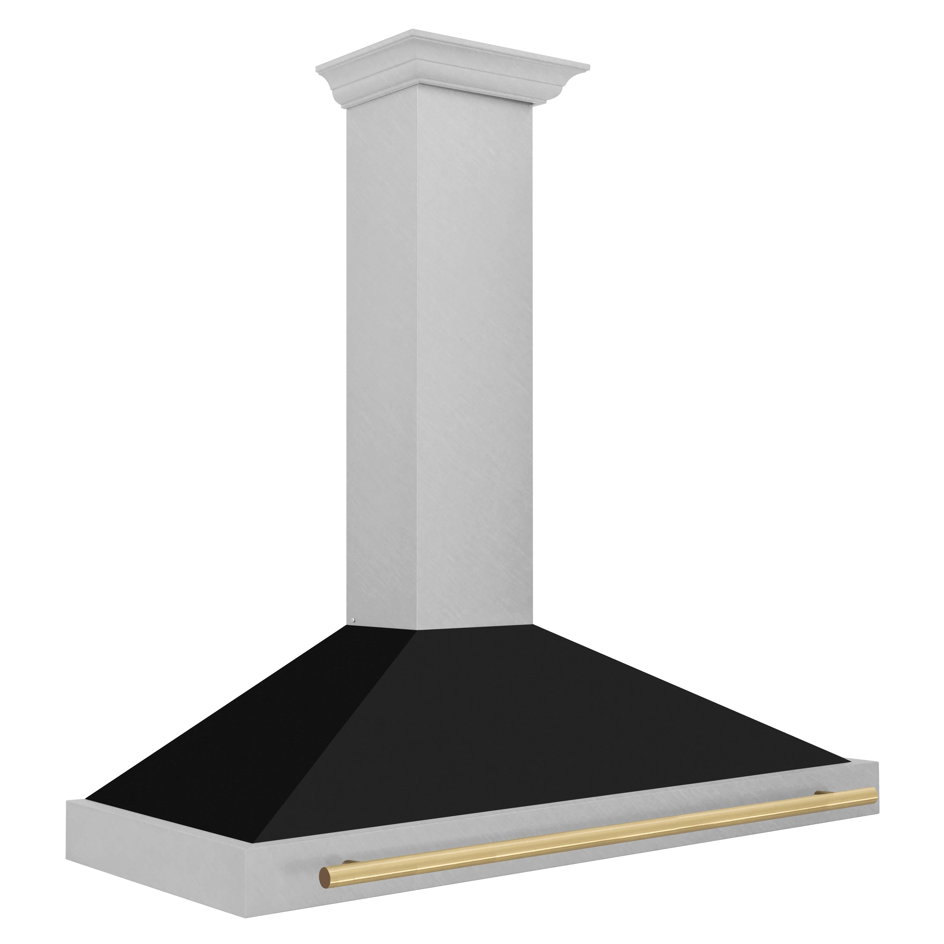 Stainless steel range hood with black baffle top and champagne bronze edge trim
