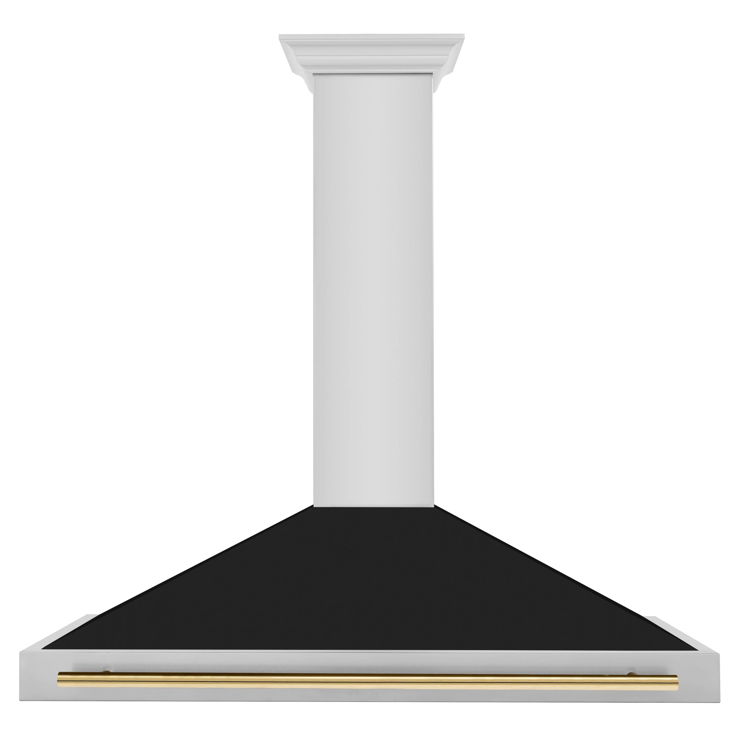 Wall mount range hood chimney with black hood and polished gold trim bar