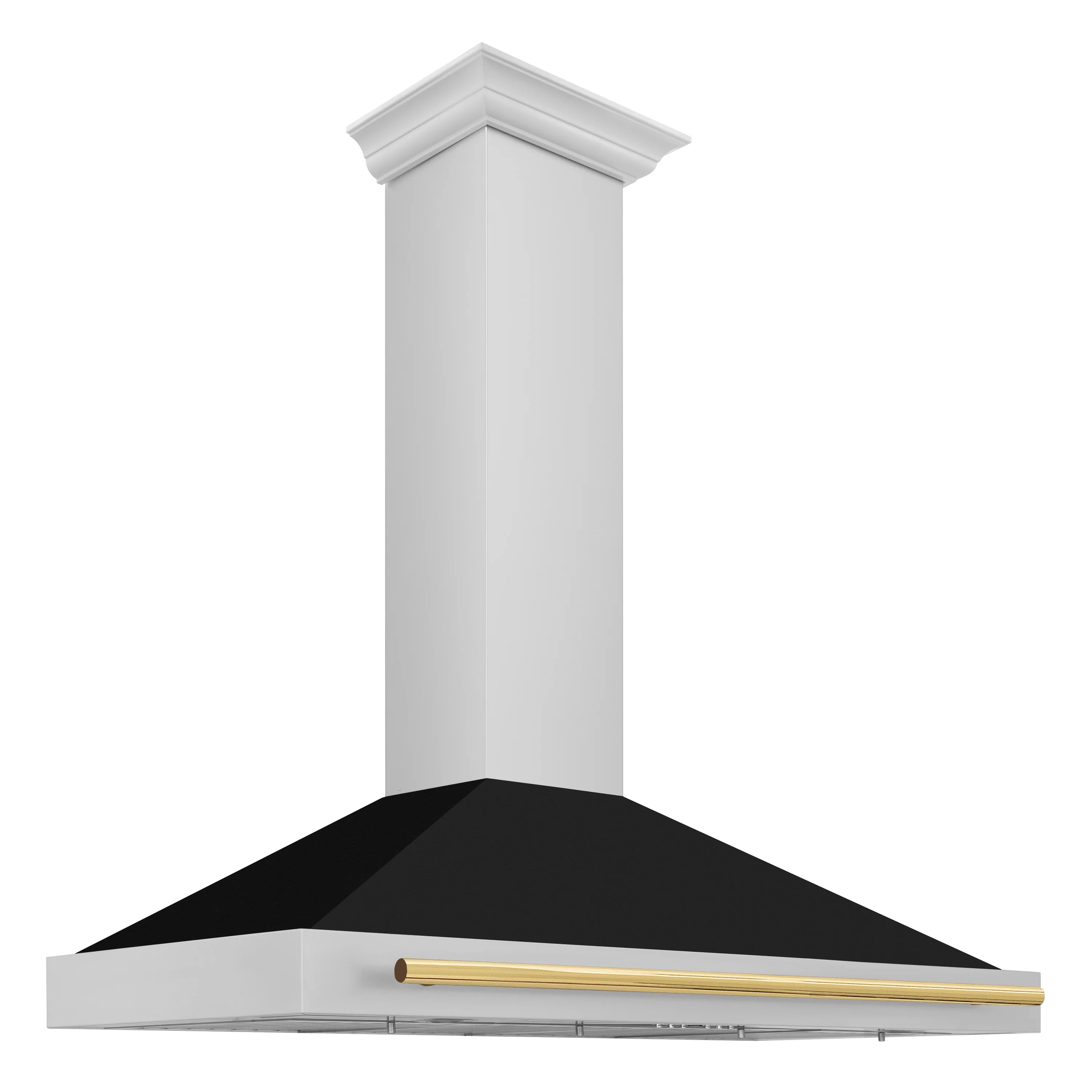 Range hood chimney with black canopy and polished gold front trim