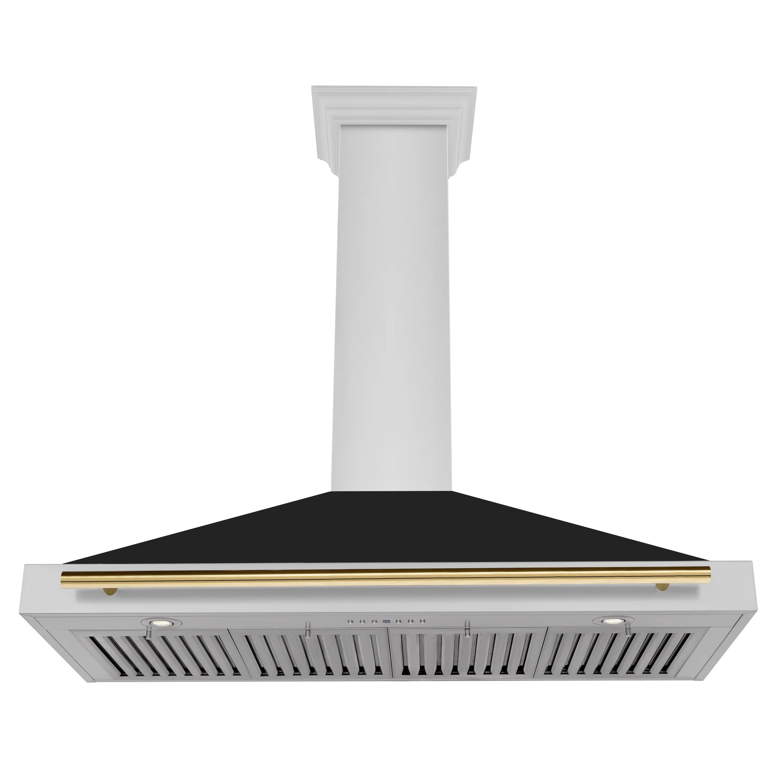 Backlit underside view of range hood with front vent grille and gold trim bar