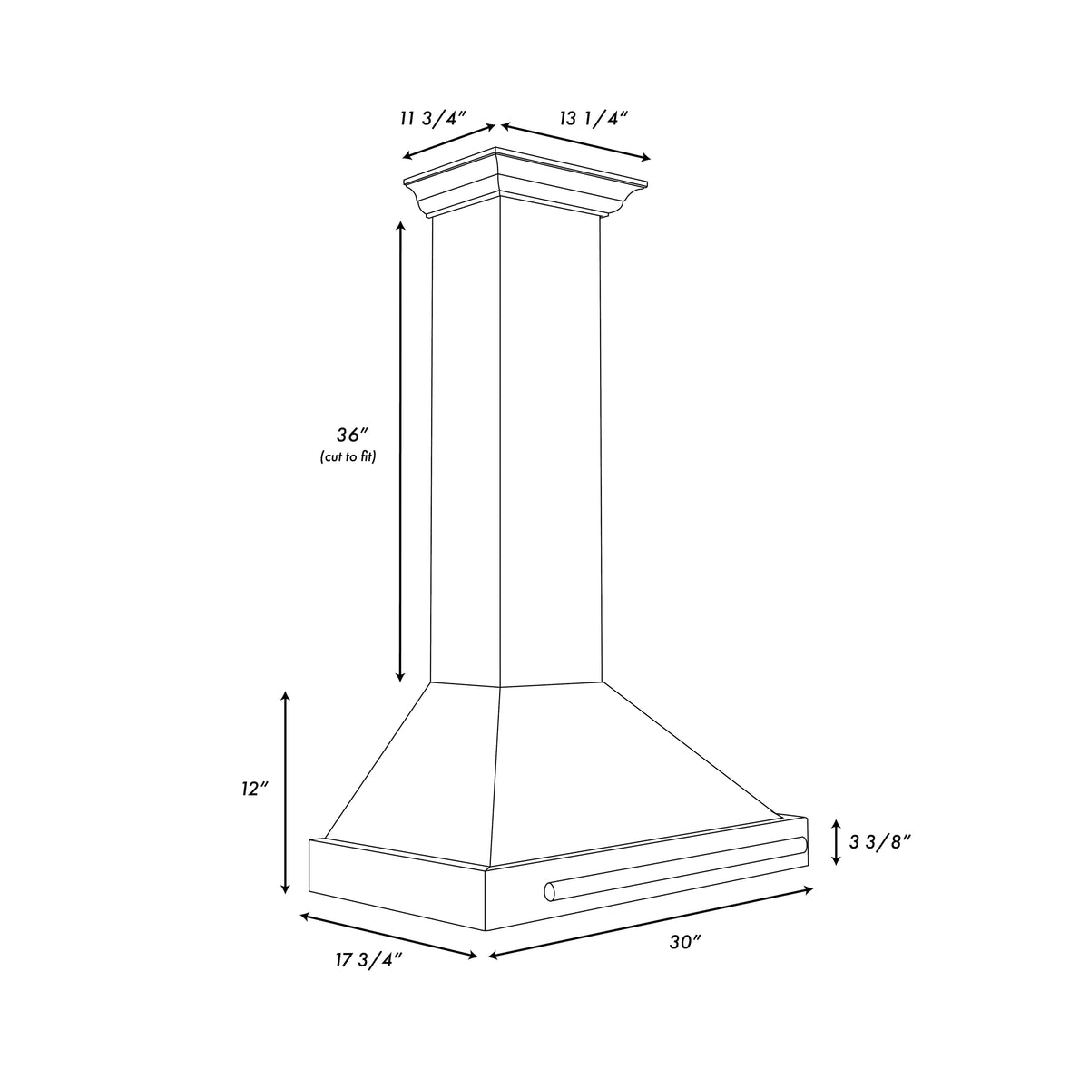 Range hood chimney dimensions diagram with measured height and width