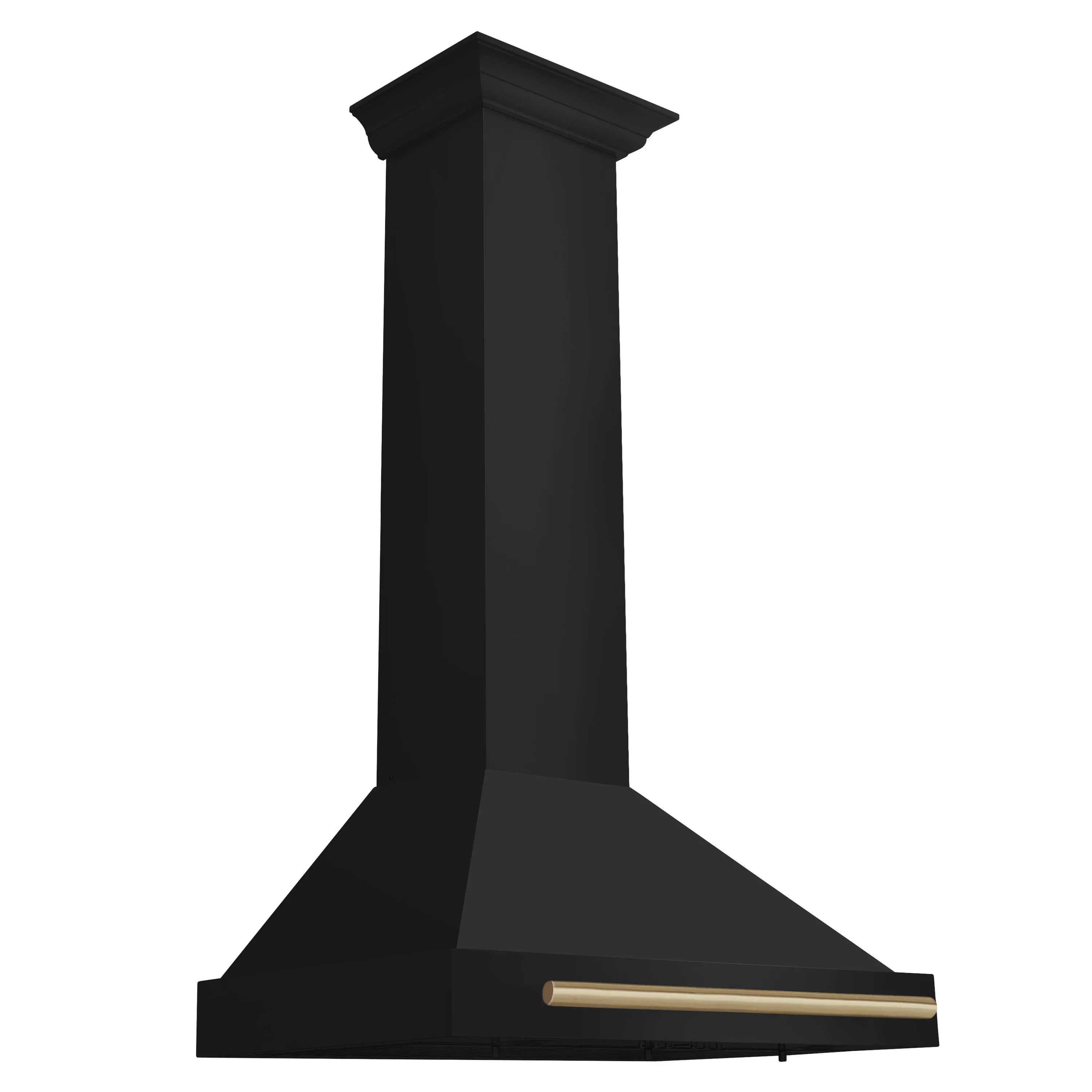 Black chimney-style range hood with champagne bronze trim bar on the side
