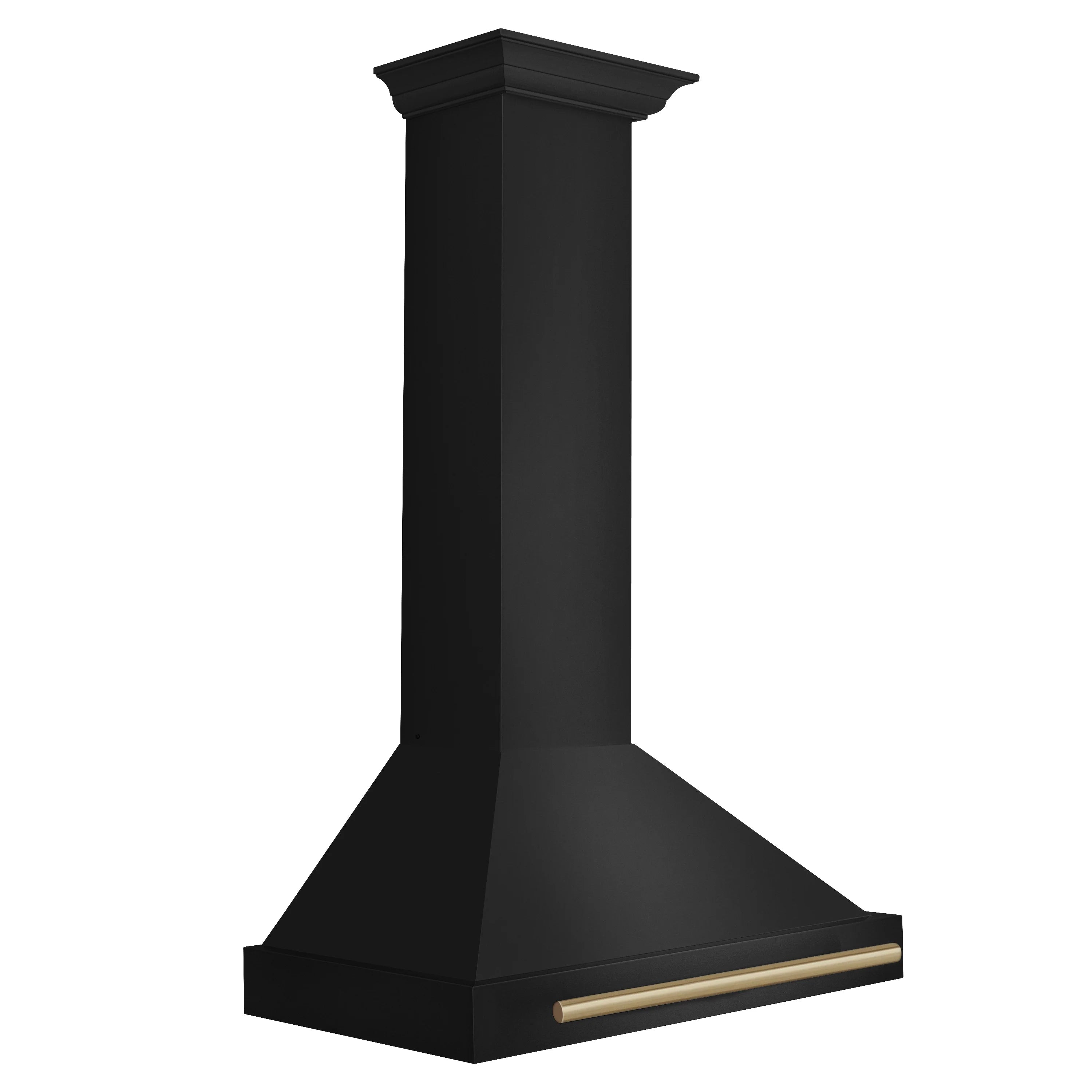 Black chimney-style wall range hood with bronze trim bar and flared top