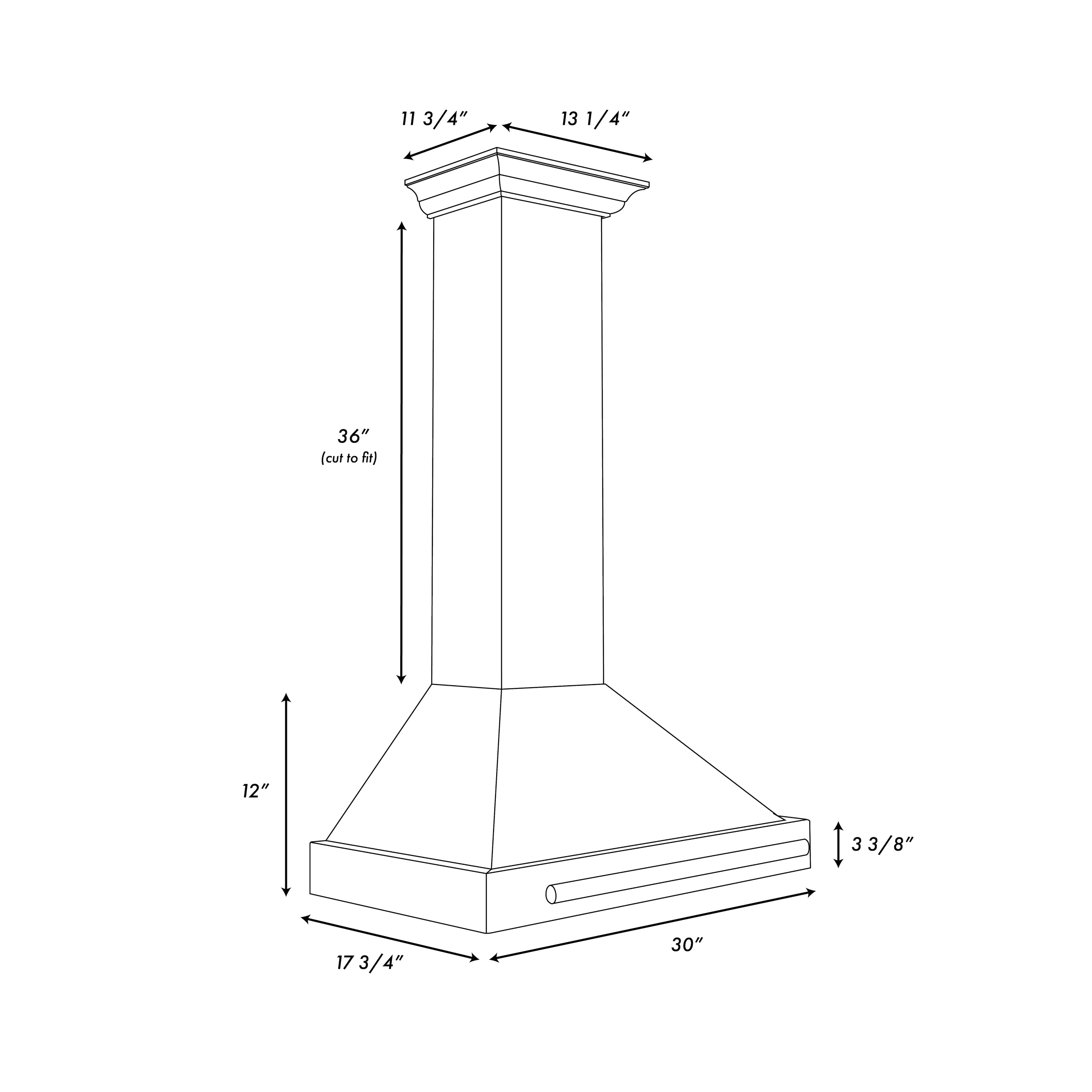 Range hood installation diagram with chimney height and base dimensions