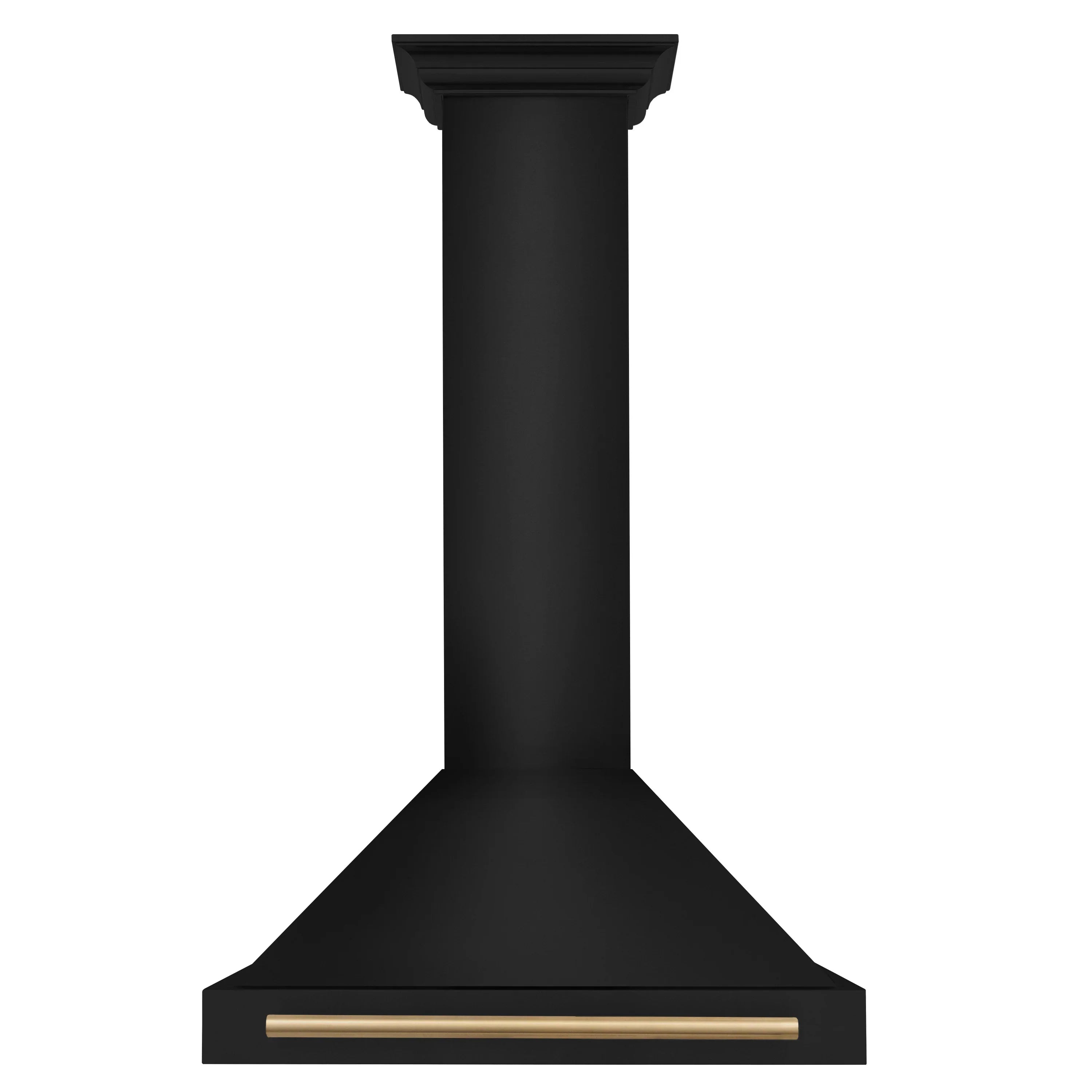 Black wall range hood with gold-accent trim and flared canopy design.
