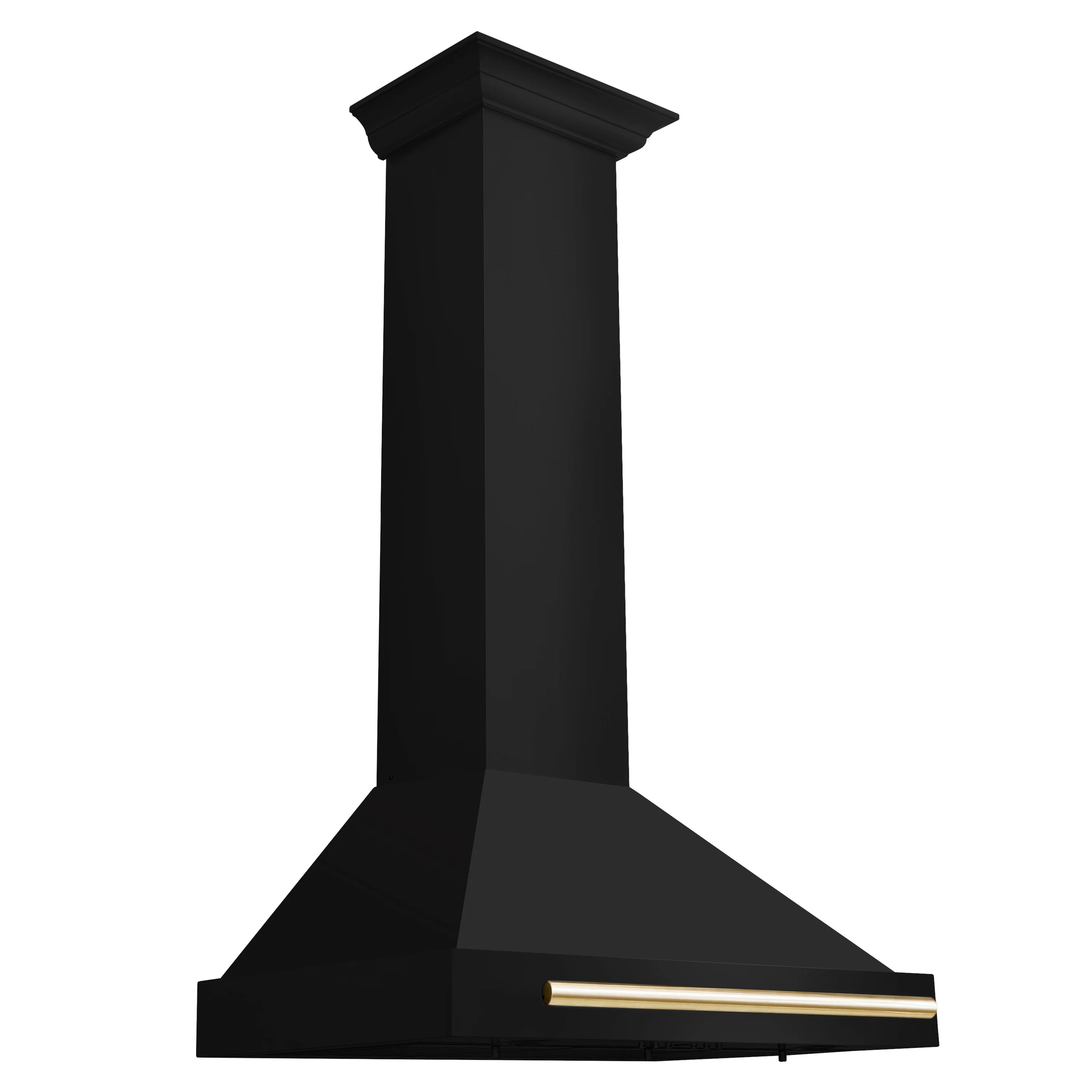 Black wall-mounted range hood with gold accent handle bar on the front canopy.
