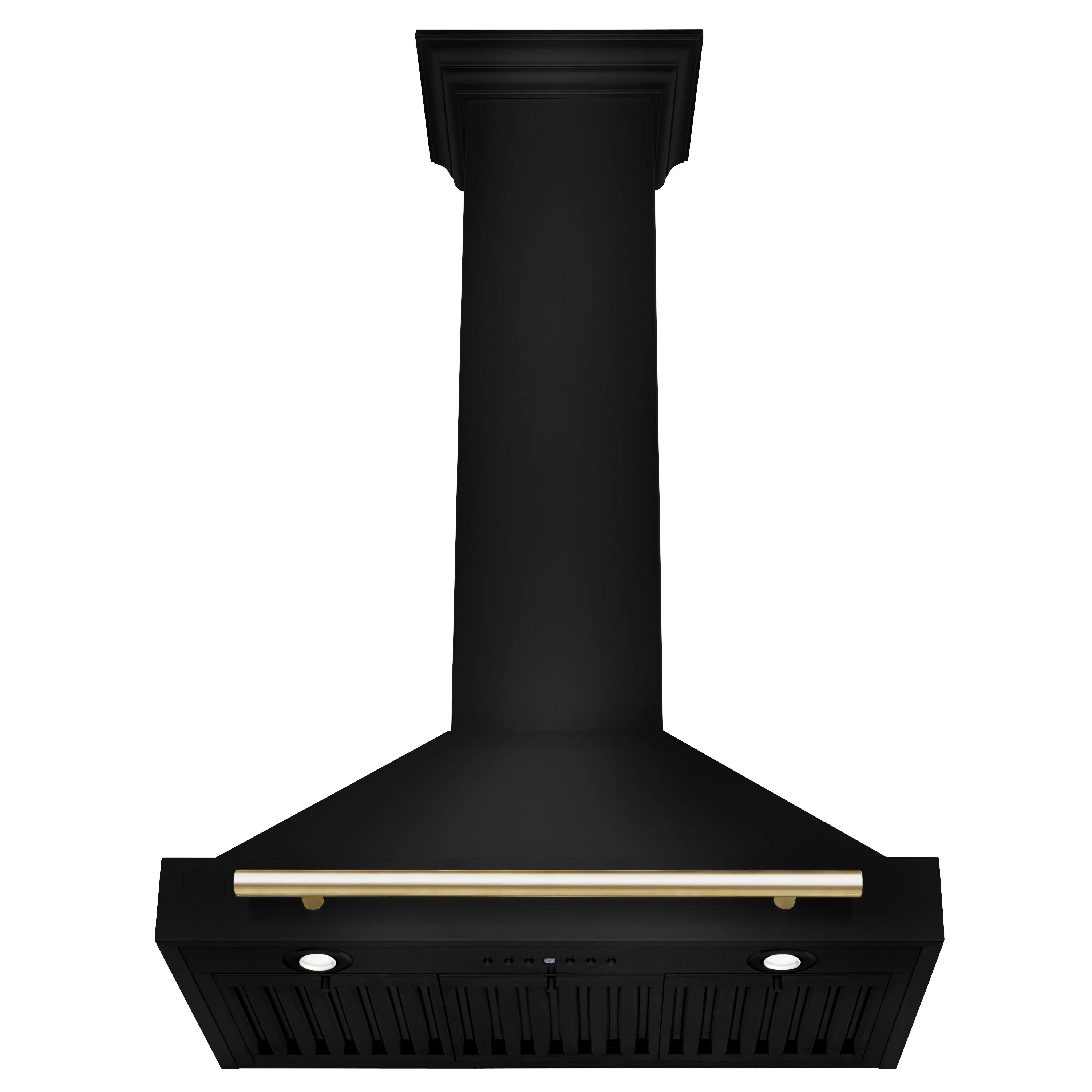 Black convertible wall-mount range hood with gold trim and two round vent light covers.