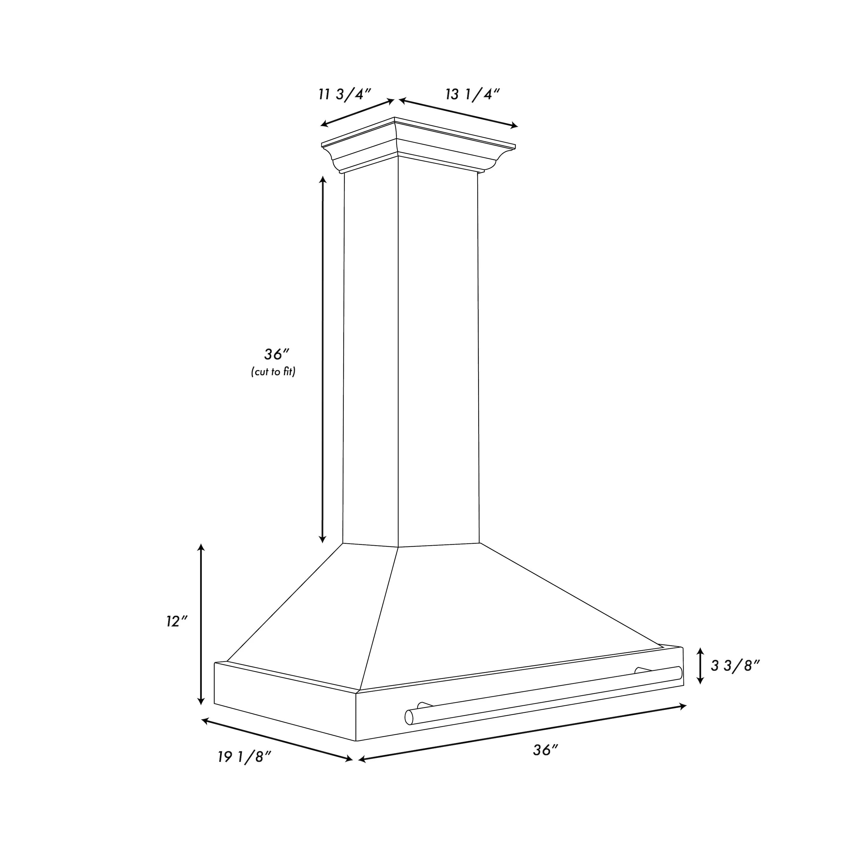 Black wall mount range hood dimensions diagram with chimney and hood measurements