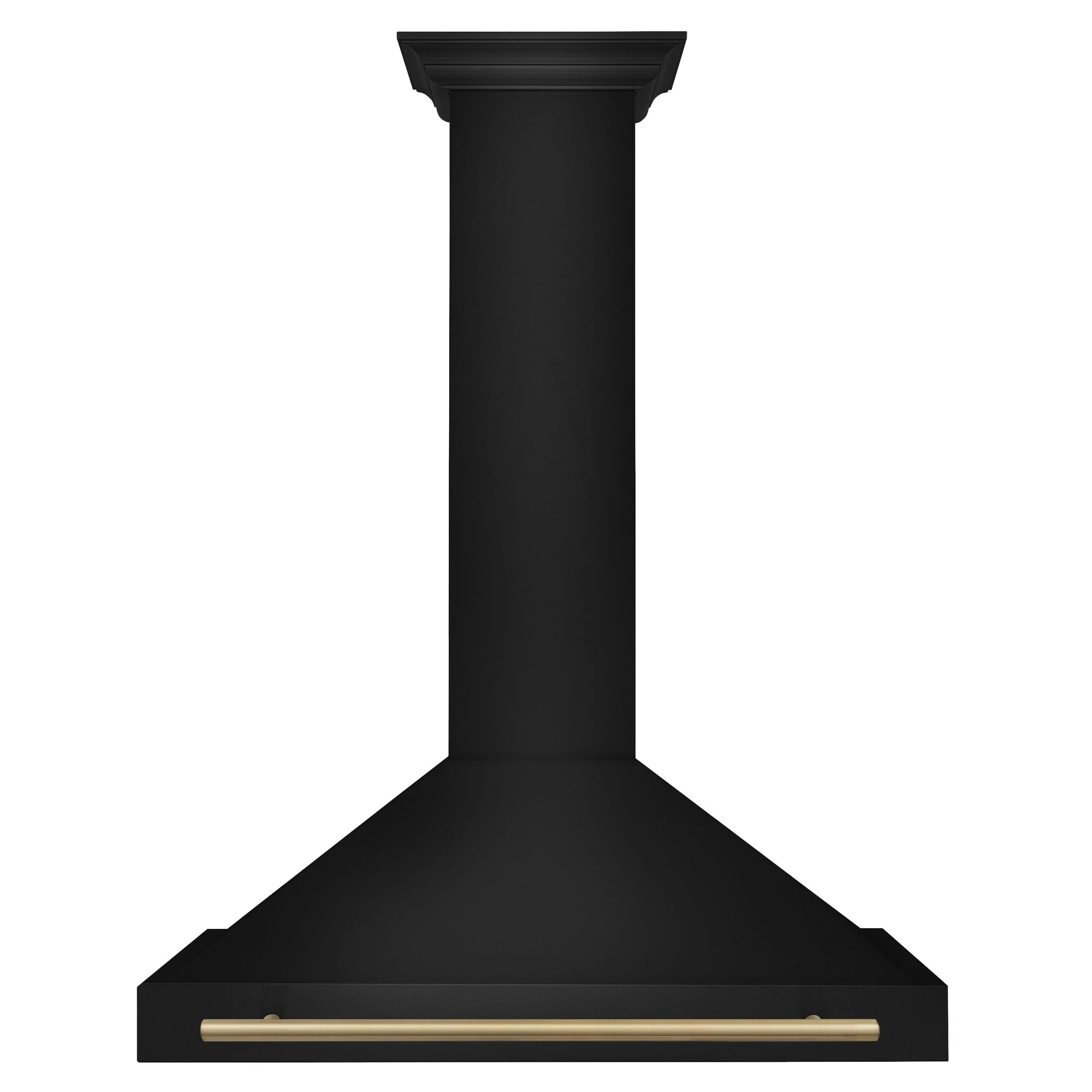 Black wall-mount range hood with champagne bronze handle bar and smooth chimney