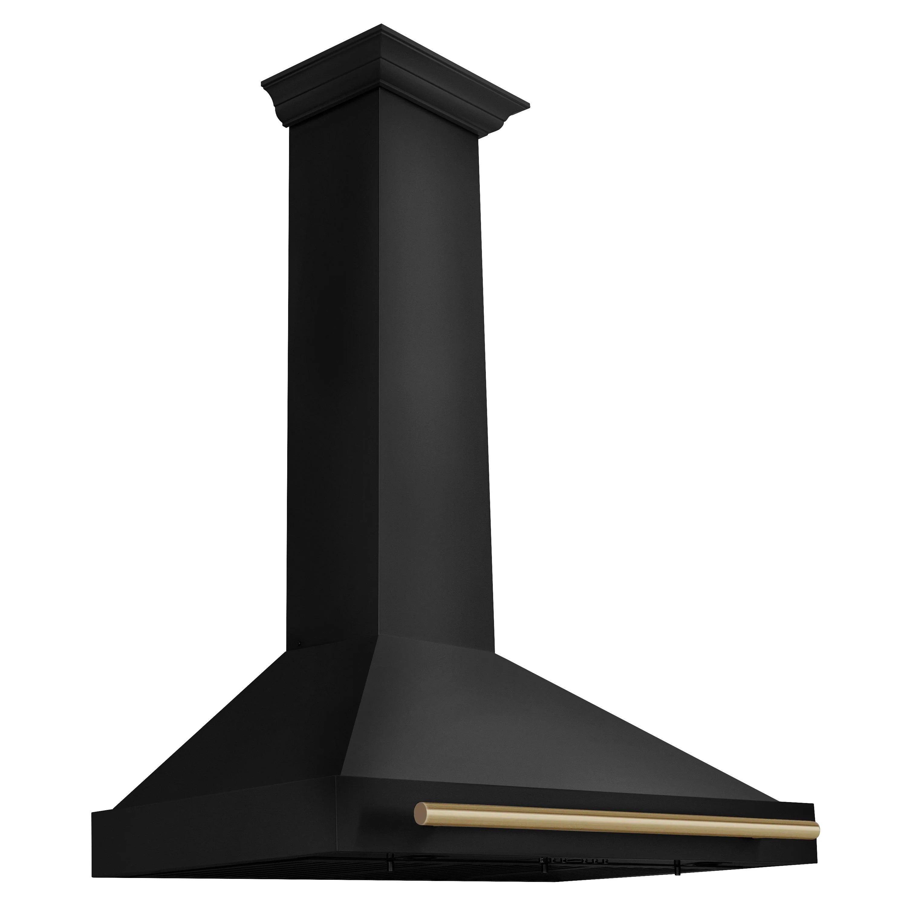 Black stainless steel wall mount range hood with bronze trim on front panel