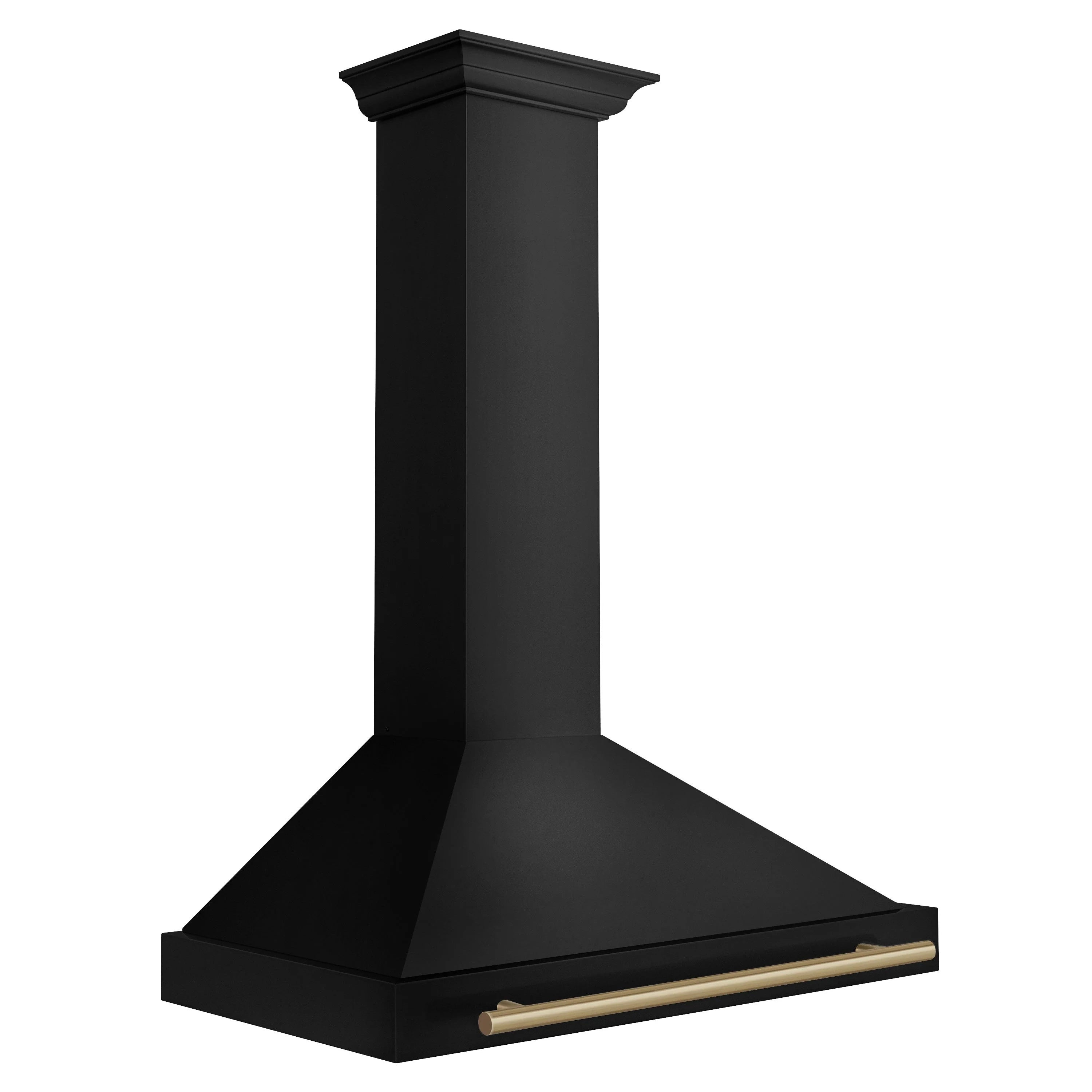 Black stainless steel wall mount range hood, front view with bronze handle strip