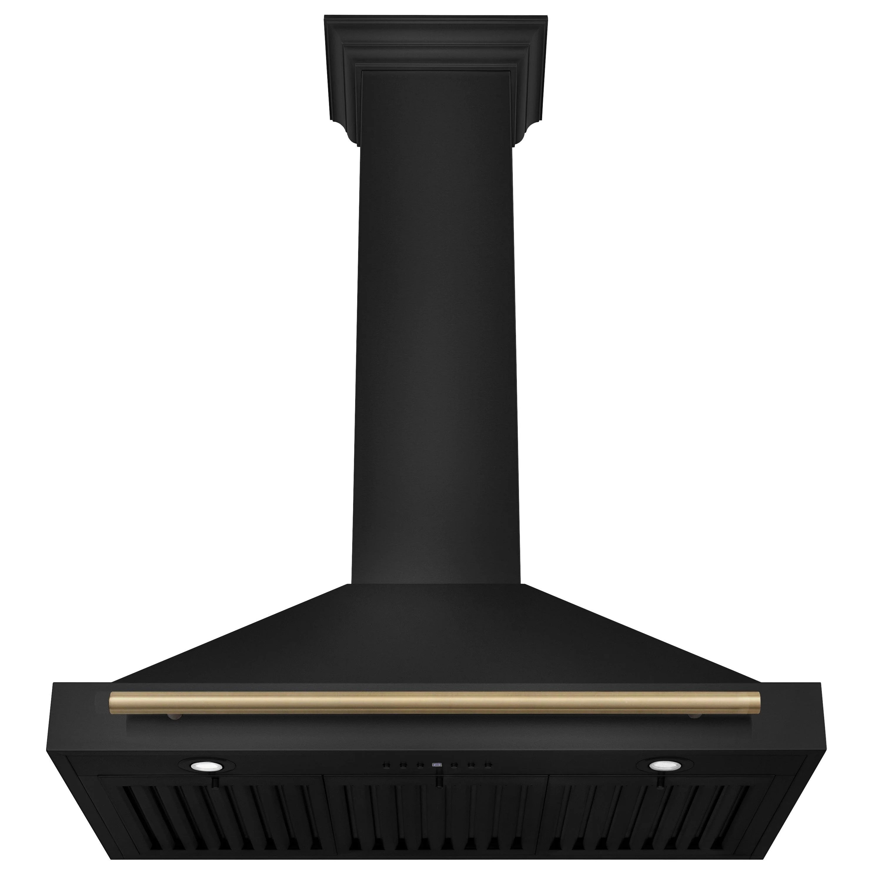 Black wall-mount range hood with champagne bronze handle and vented canopy