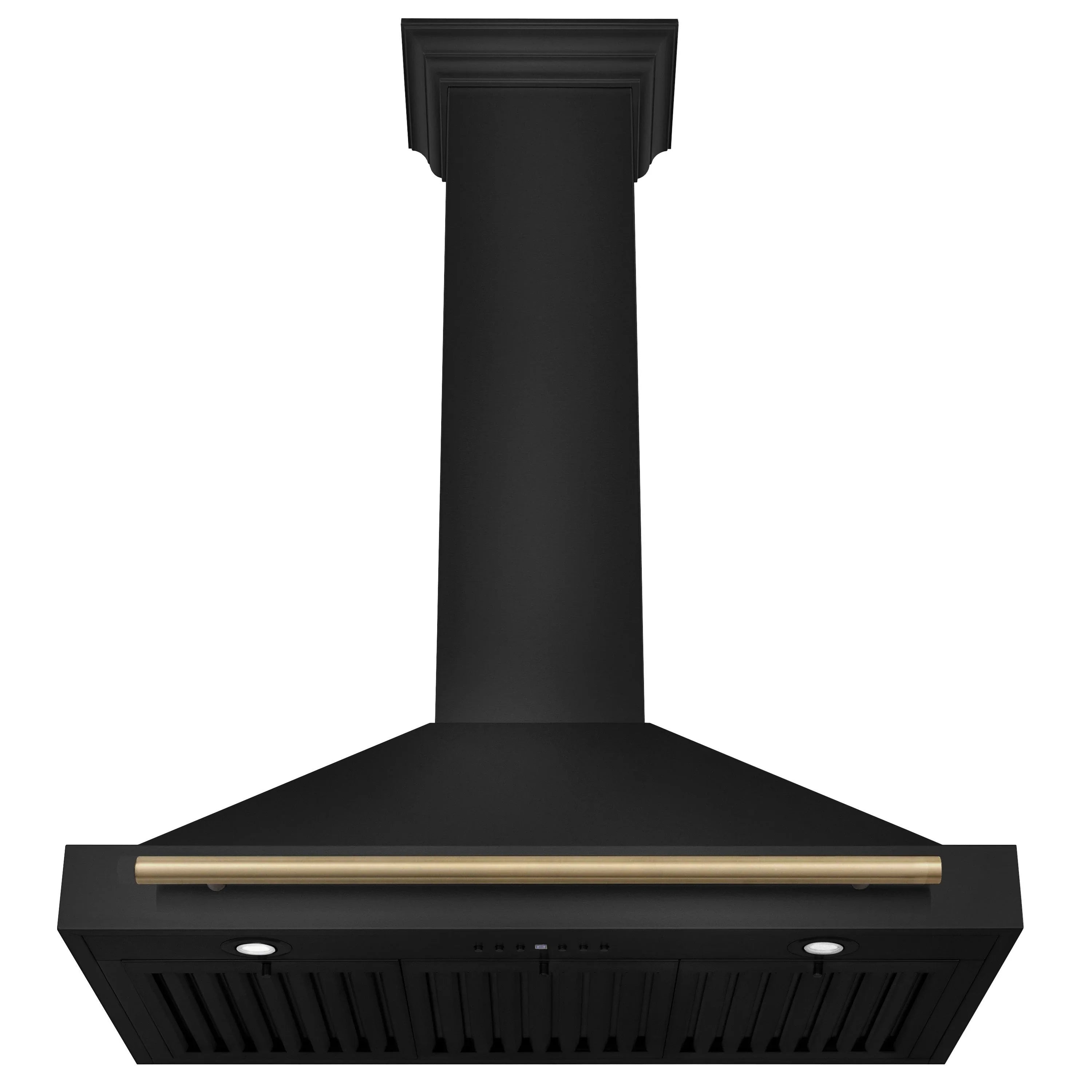Black wall-mount range hood with flat canopy and champagne bronze accent bar