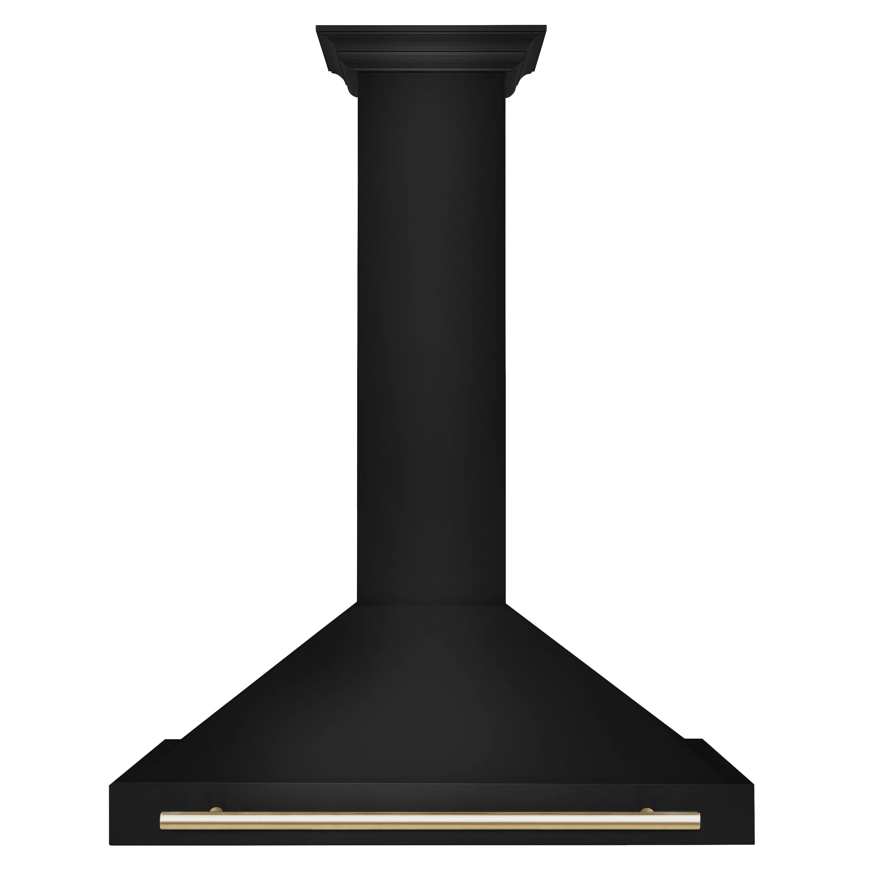 Black wall mount range hood with gold handle bar and chimney column