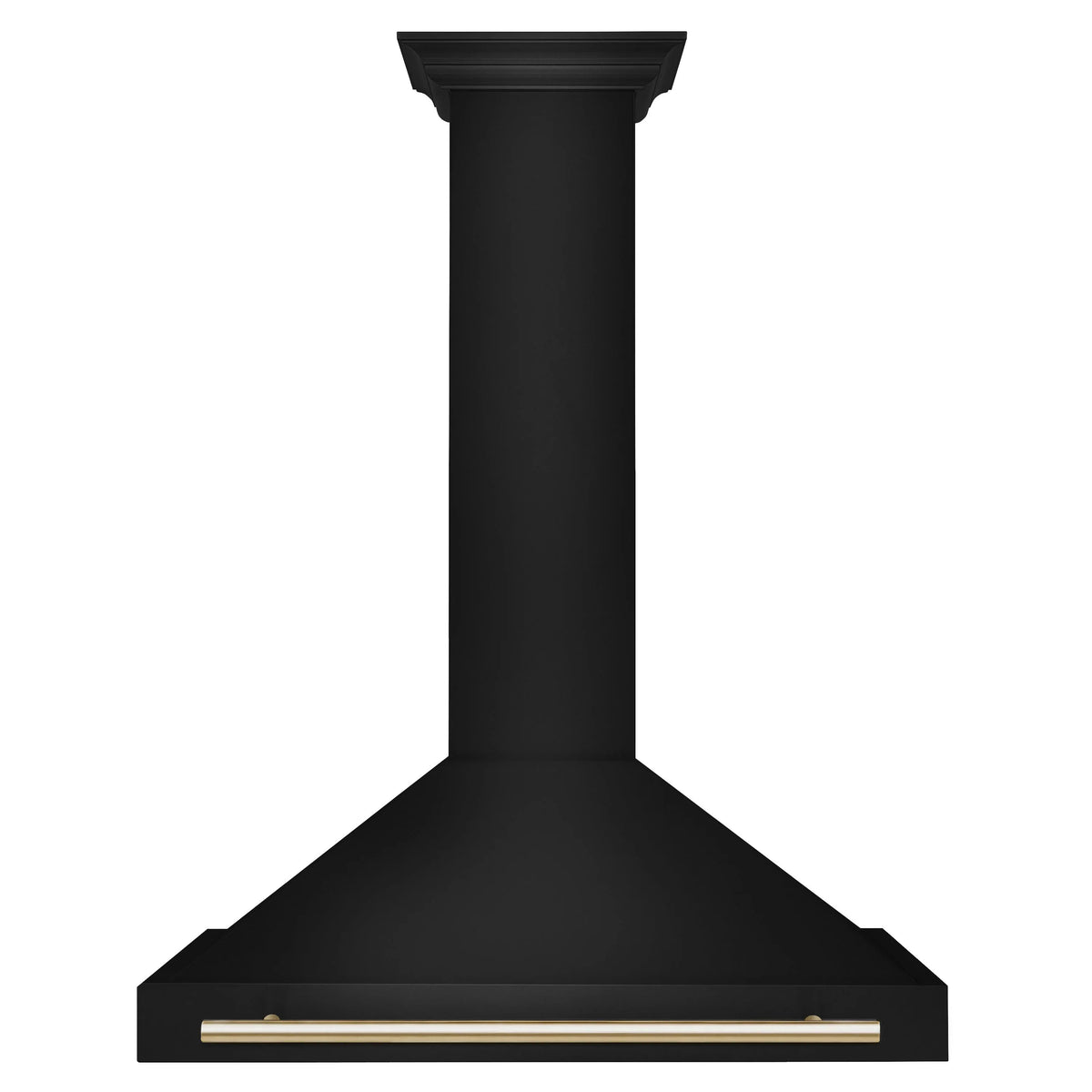 Black range hood with gold trim bar at the base and tall chimney