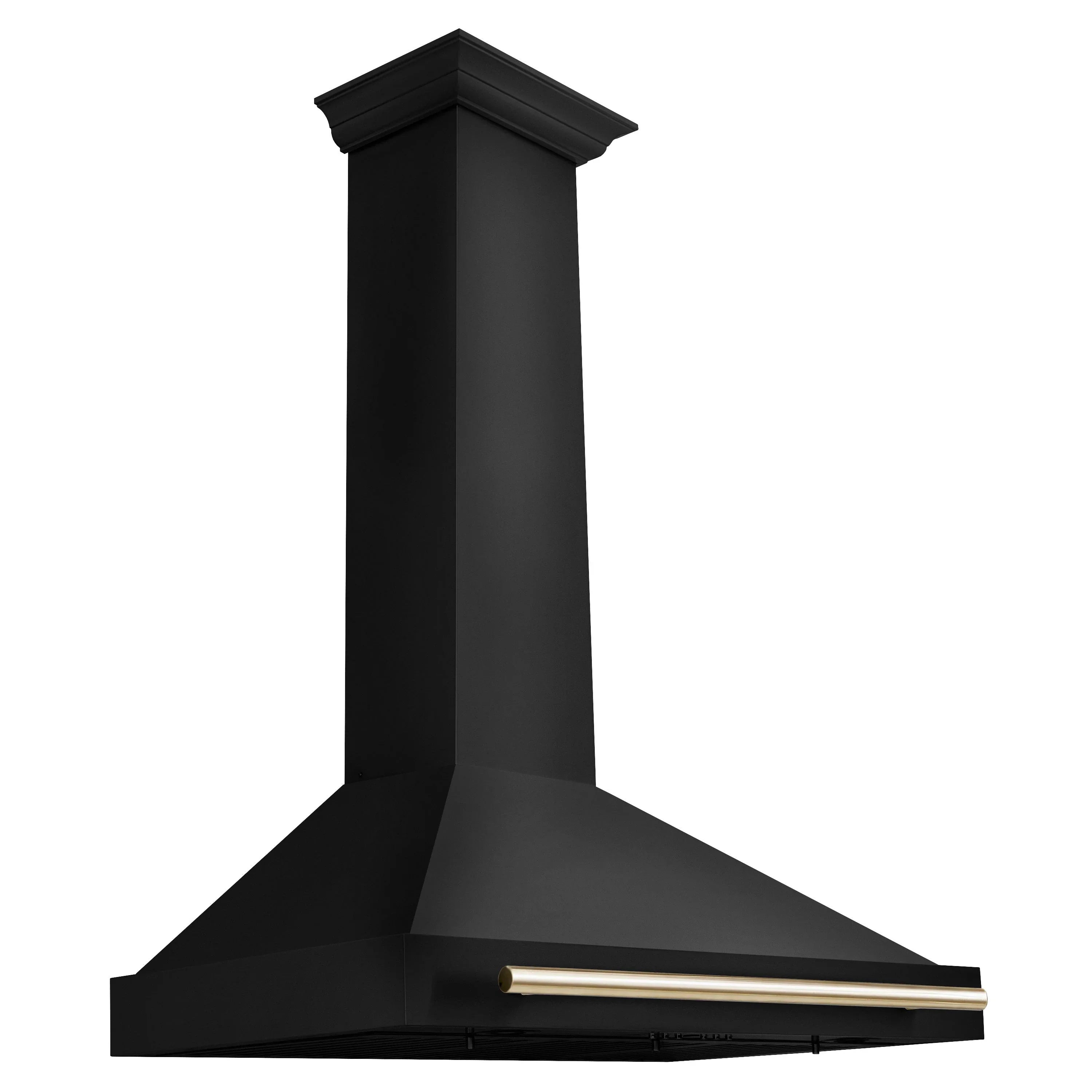 Black wall mount range hood with gold trim strip and flared chimney