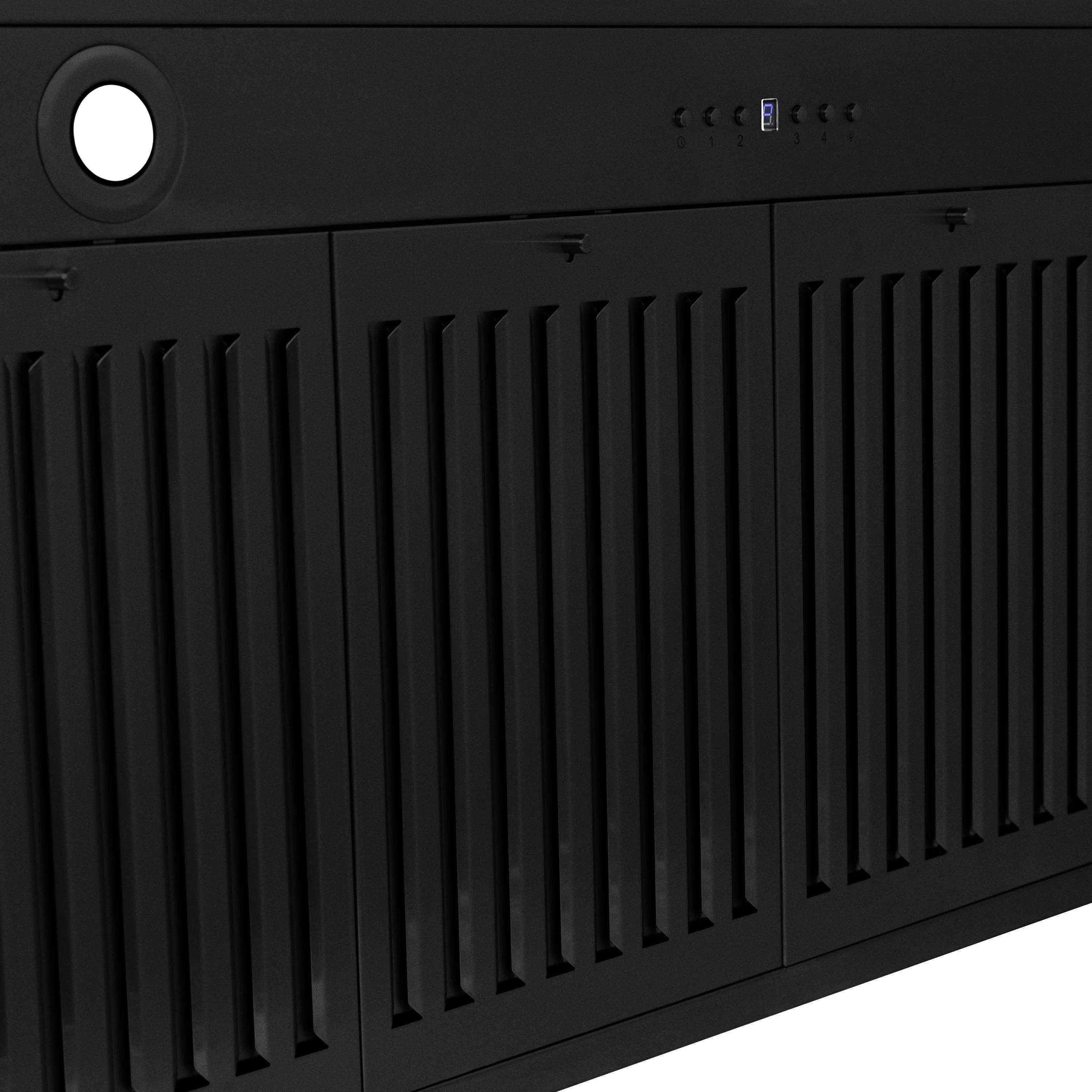 Black appliance control panel with vertical vents and small display icons