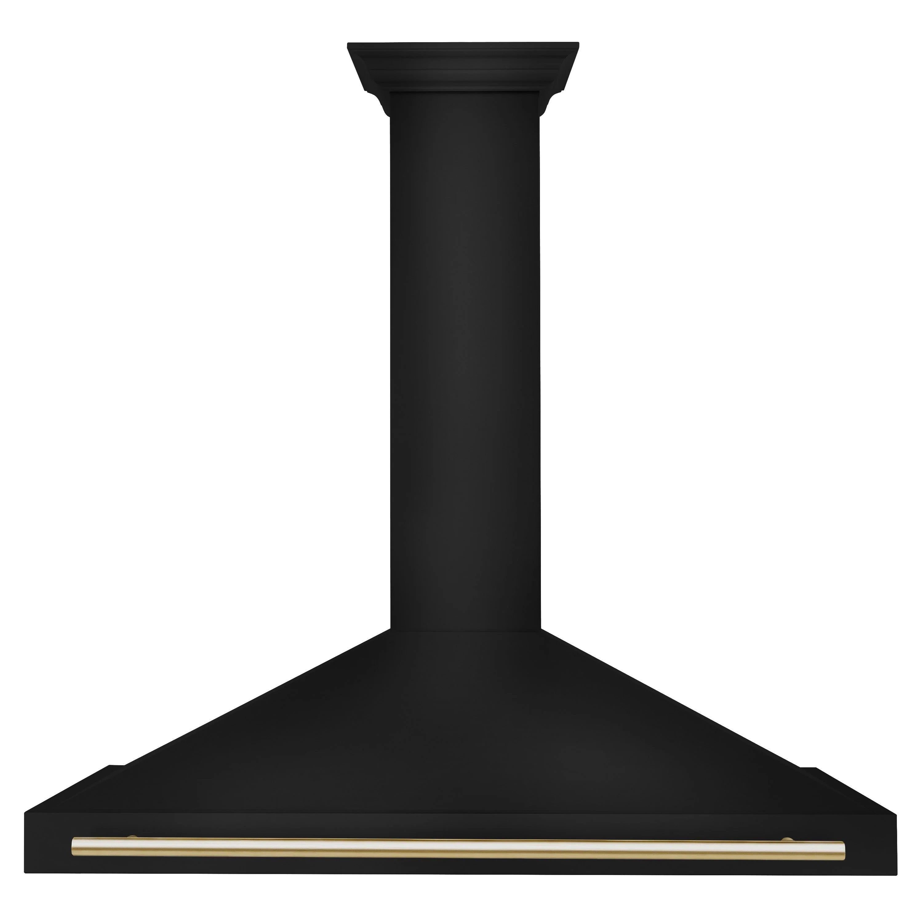 Black wall-mount range hood canopy with gold trim bar along bottom edge