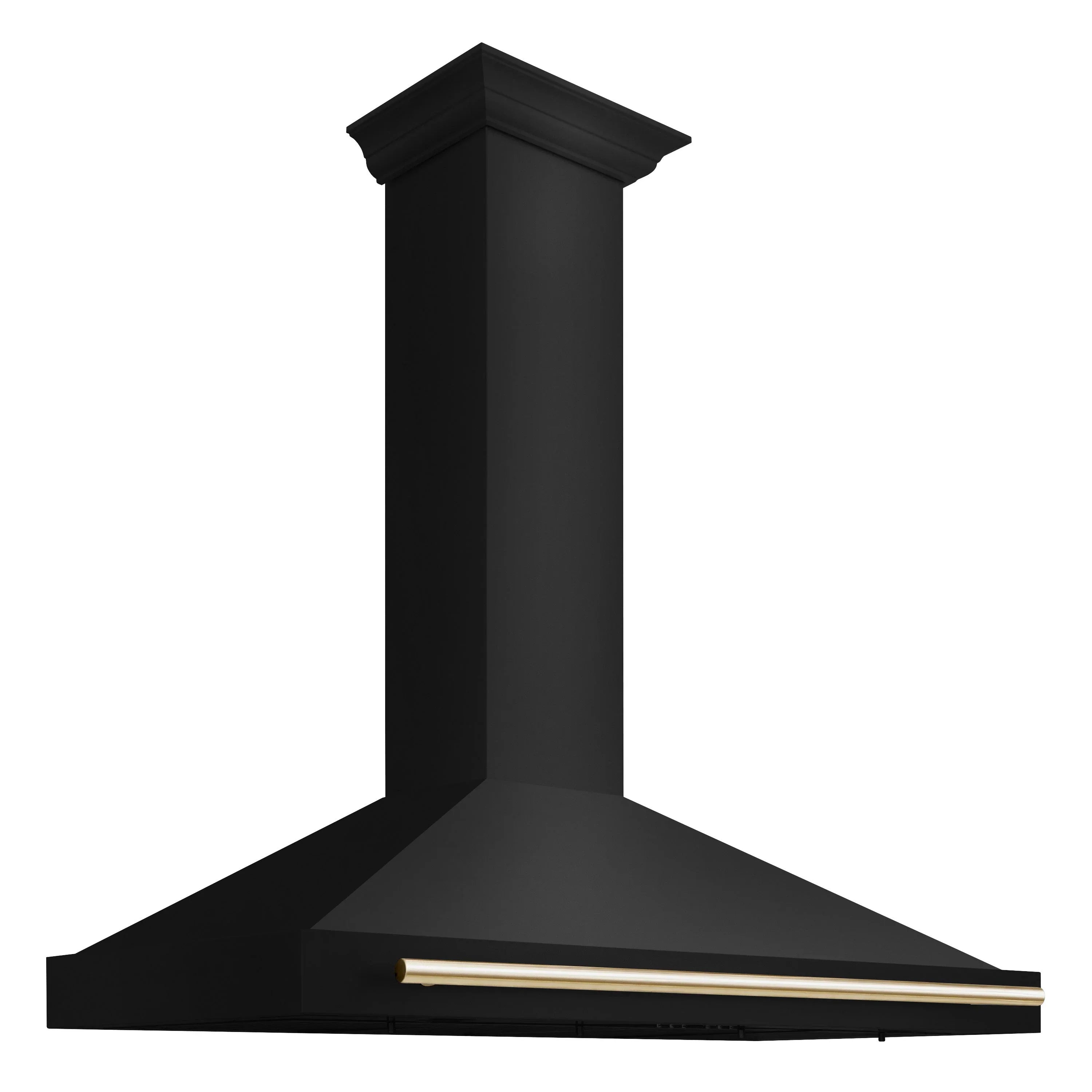 Black wall mount range hood angled side view with gold trim bar