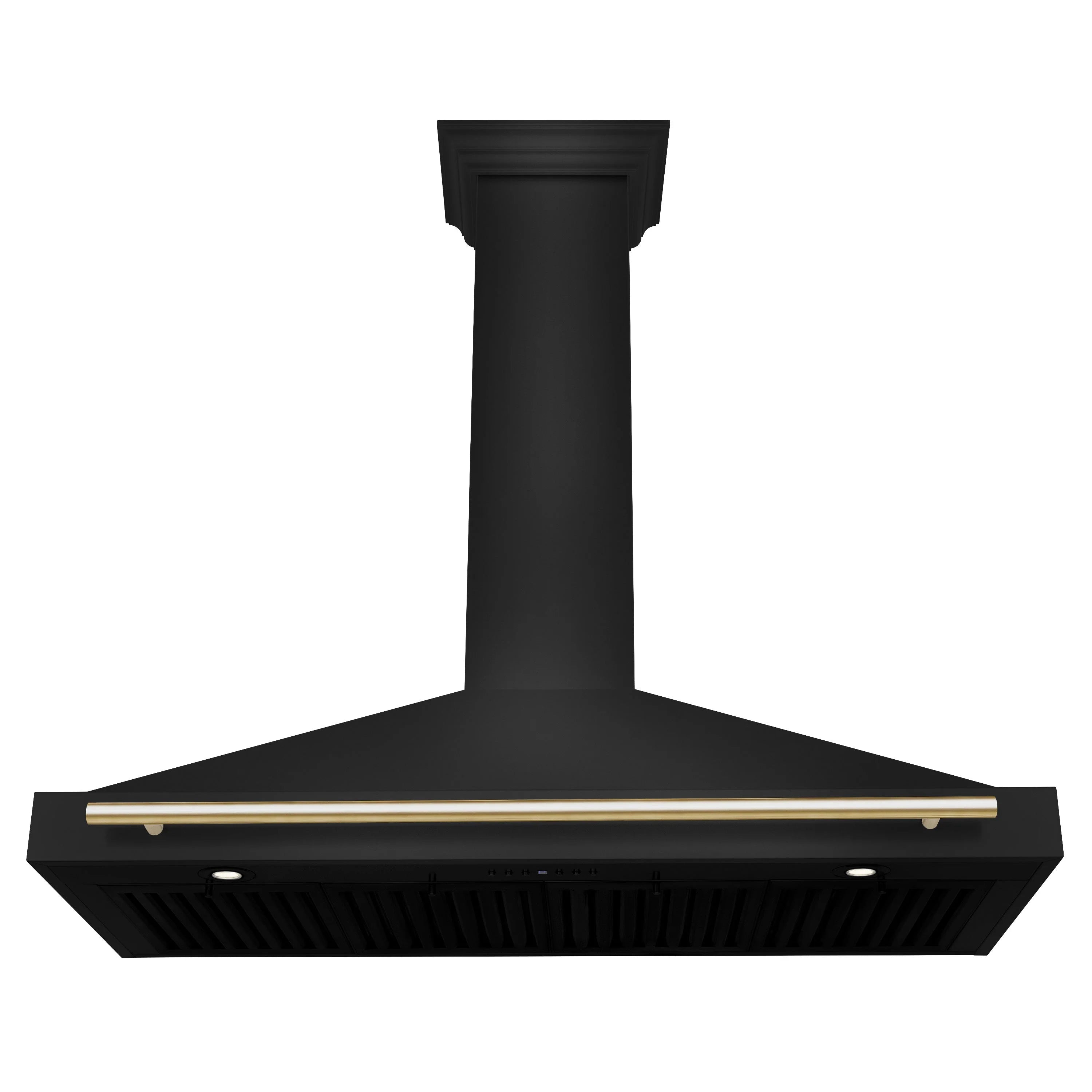 Black wall-mount range hood with gold trim bar and front vent grille opening