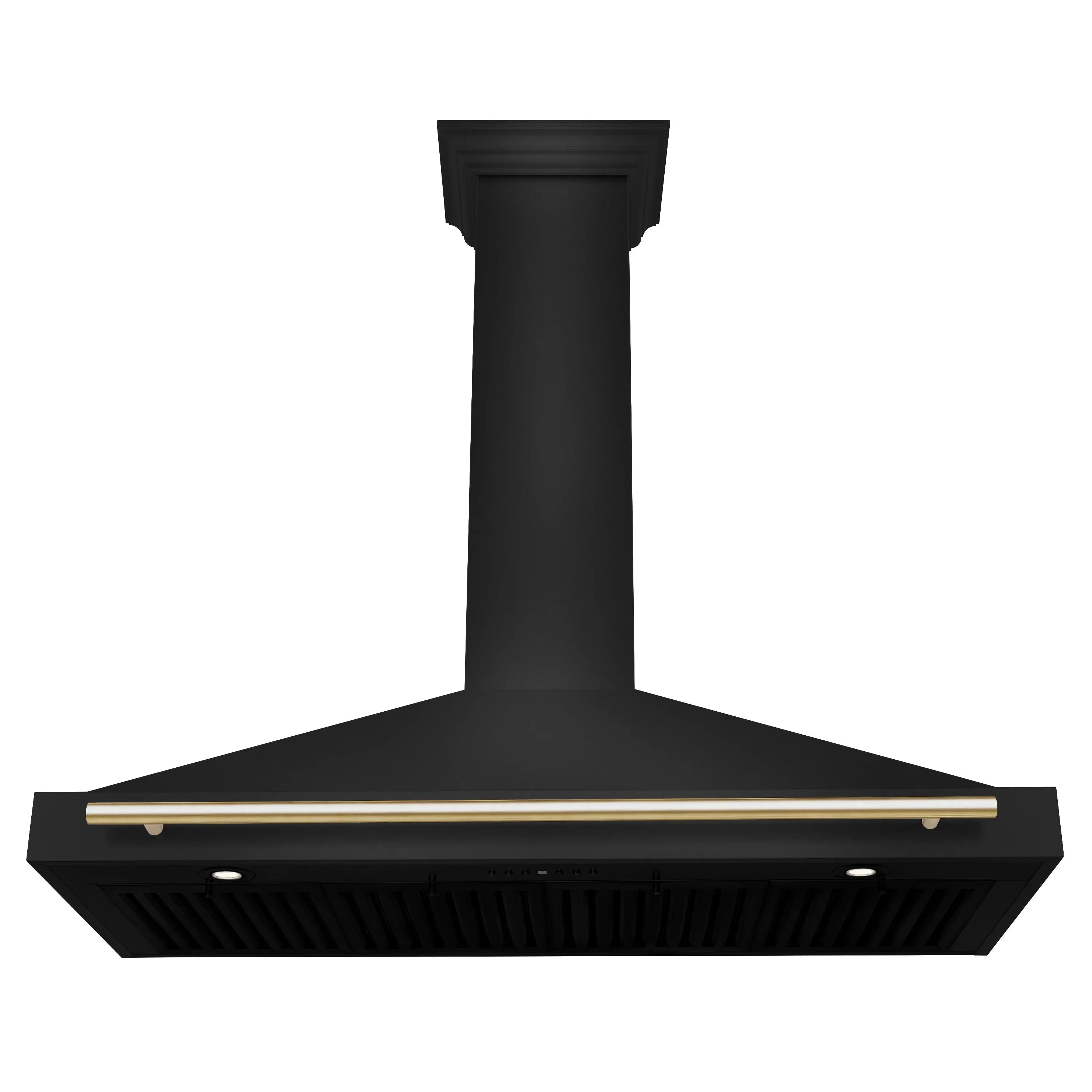 Black range hood with gold front trim and visible underside vent grate