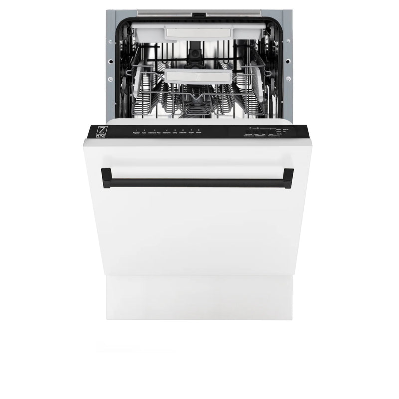 ZLINE Autograph Edition 18-Inch Compact 3rd Rack Top Control Dishwasher in White Matte with Matte Black Handle, 51dBa (DWVZ-WM-18-MB)