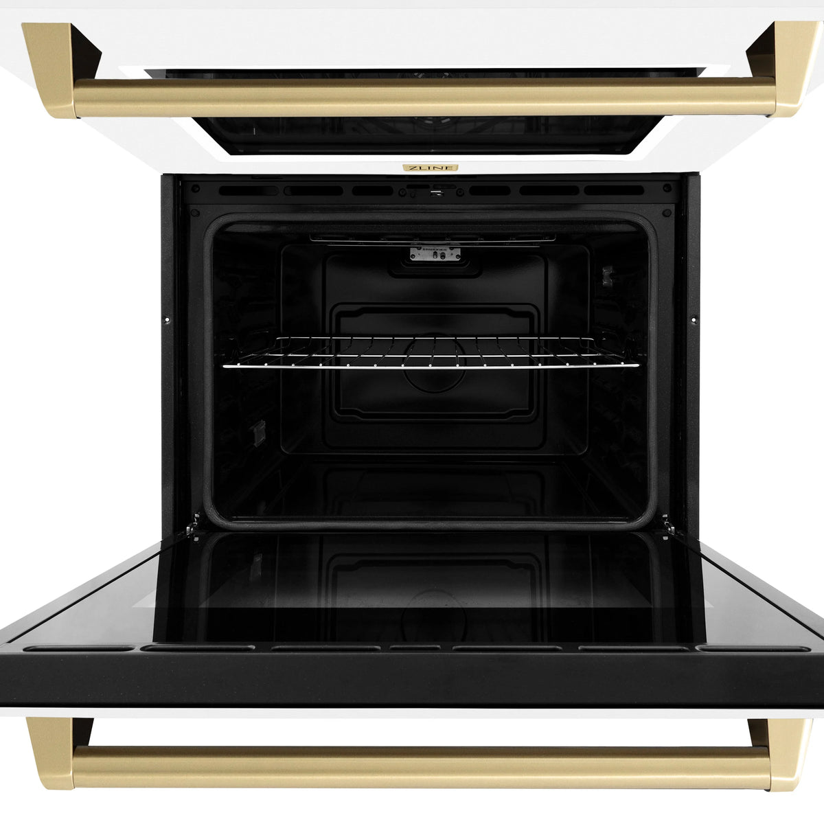 Double wall oven door open, showing black interior racks and bake cavity
