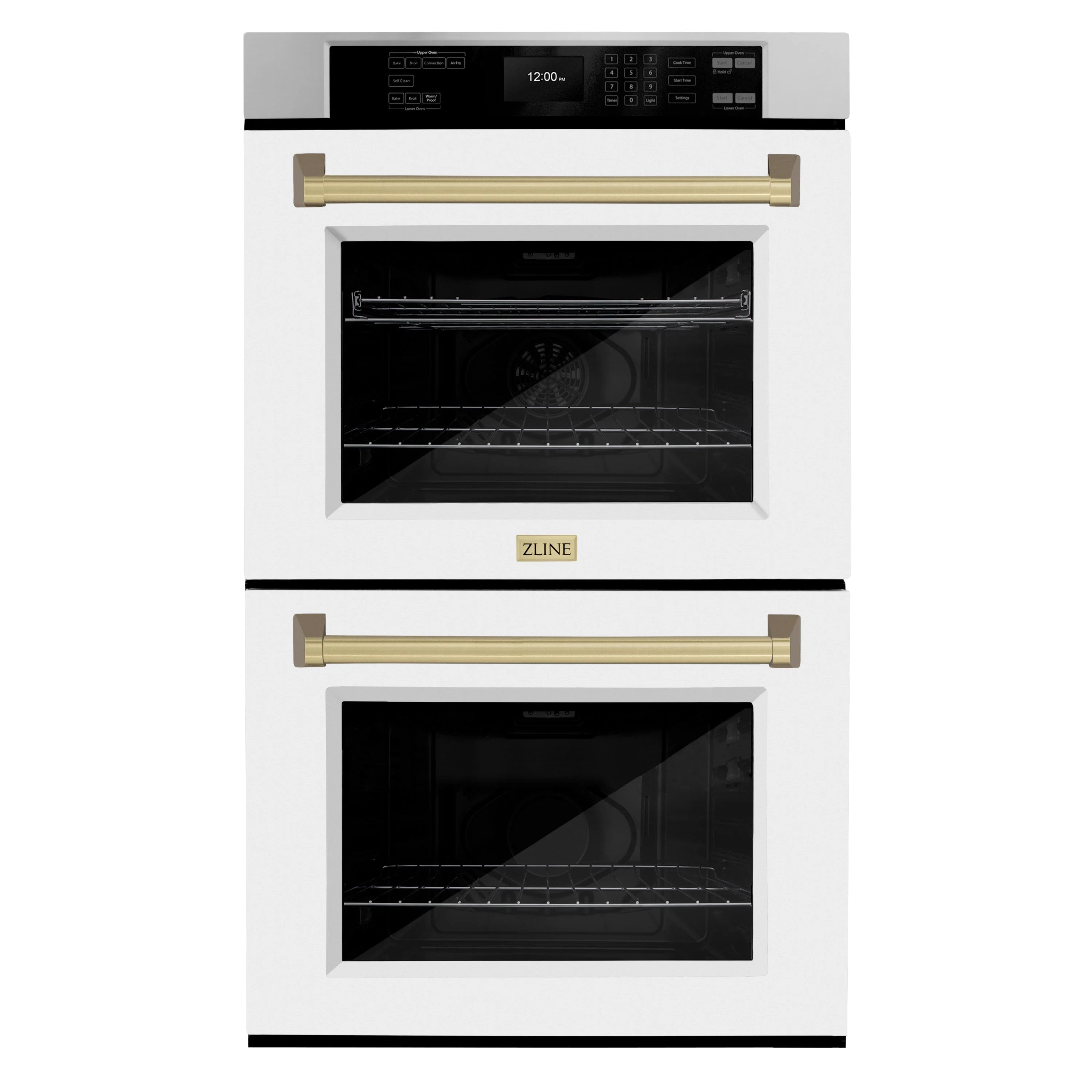 Stacked double wall oven with white matte doors and champagne bronze bar handles, shelves inside