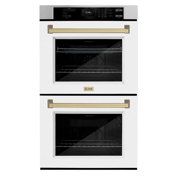 ZLINE Autograph Edition 30-Inch Professional True Convection Double Wall Oven with Air Fry and Self Clean in Stainless Steel with White Matte Doors and Champagne Bronze Handles (WADZ-WM-30-CB)