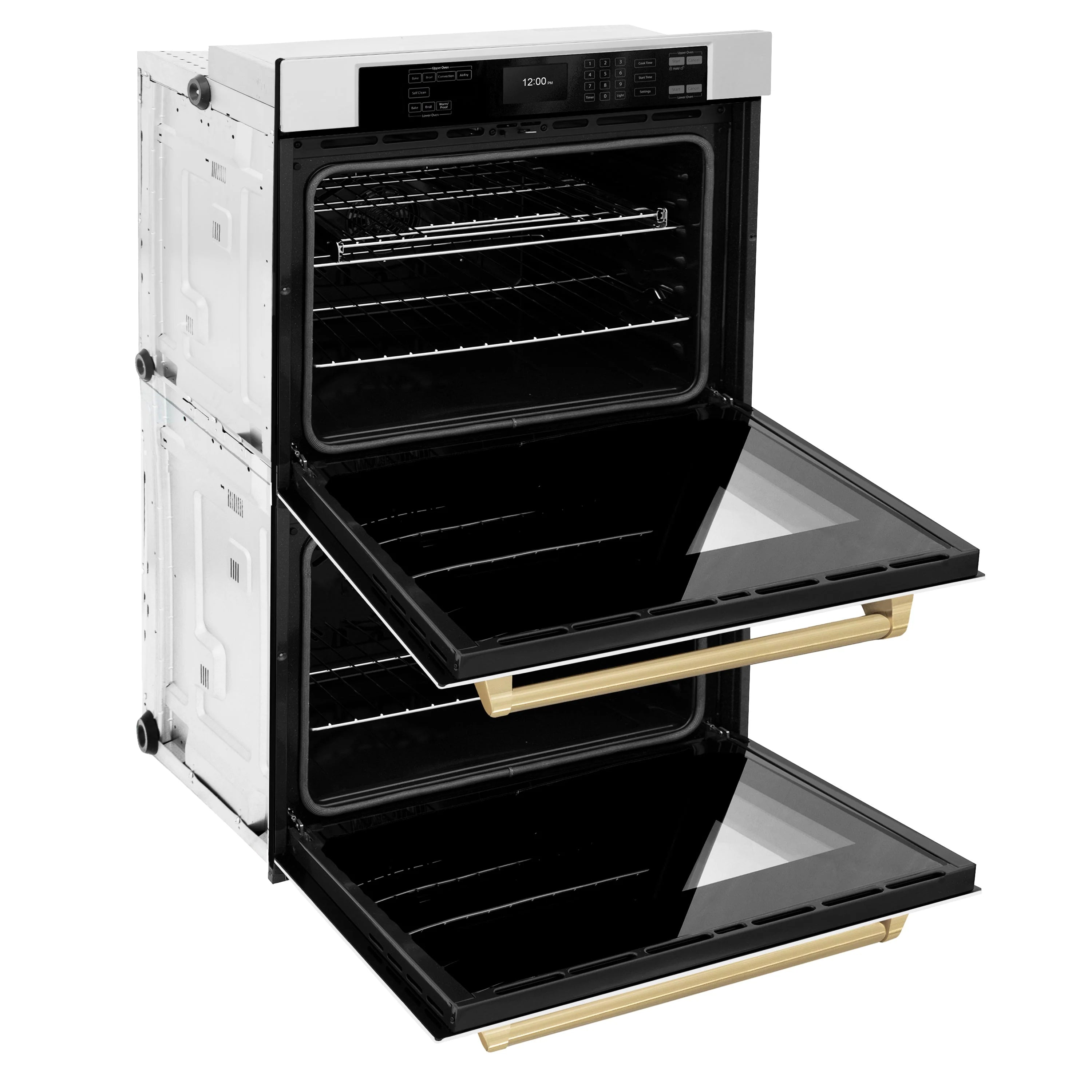 Double wall oven door open with racks and pulled-out bake trays, champagne bronze handle trim